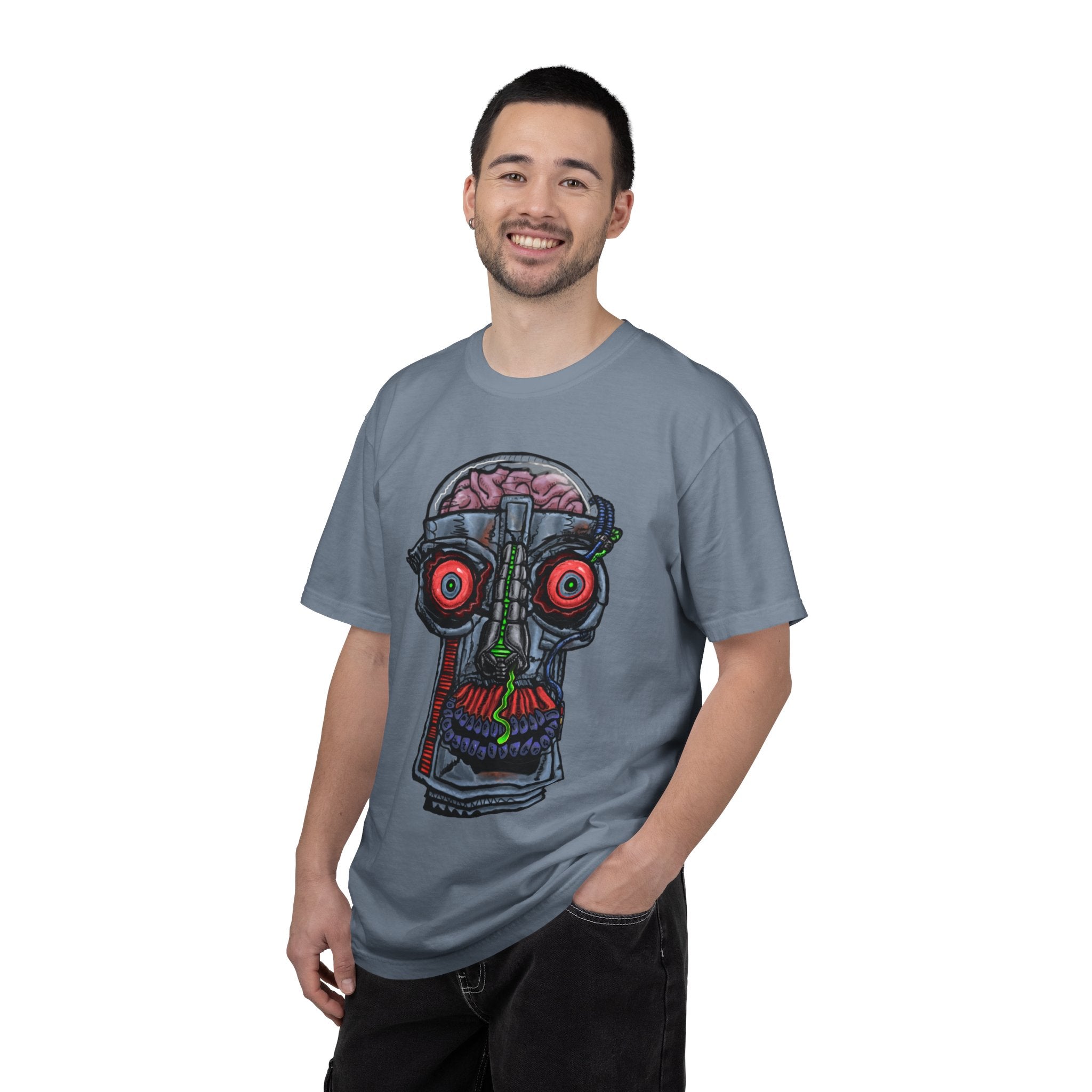 Freaky Features Robo Bobo t-shirt, front shows cybernetic robot skull with exposed brain and glowing eyes, back shows open pizza box with 8-bit pixel pepperoni pizza

