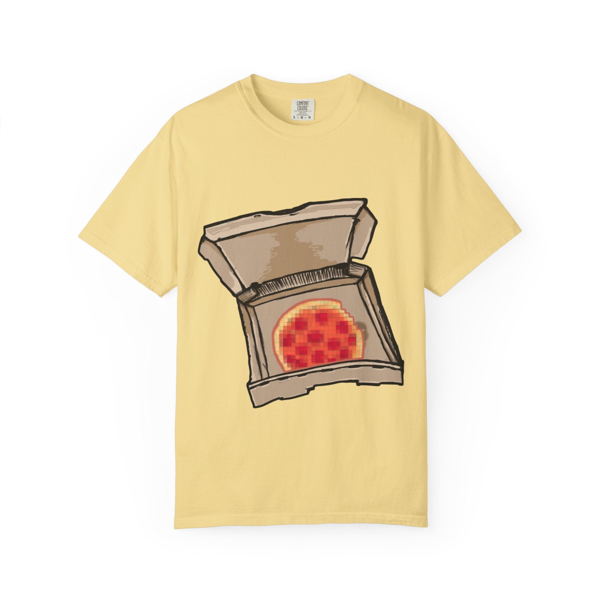 Hand-drawn pixel pizza box t-shirt showing open pizza box with 8-bit pixel art pepperoni pizza from PizzaBytes collection

