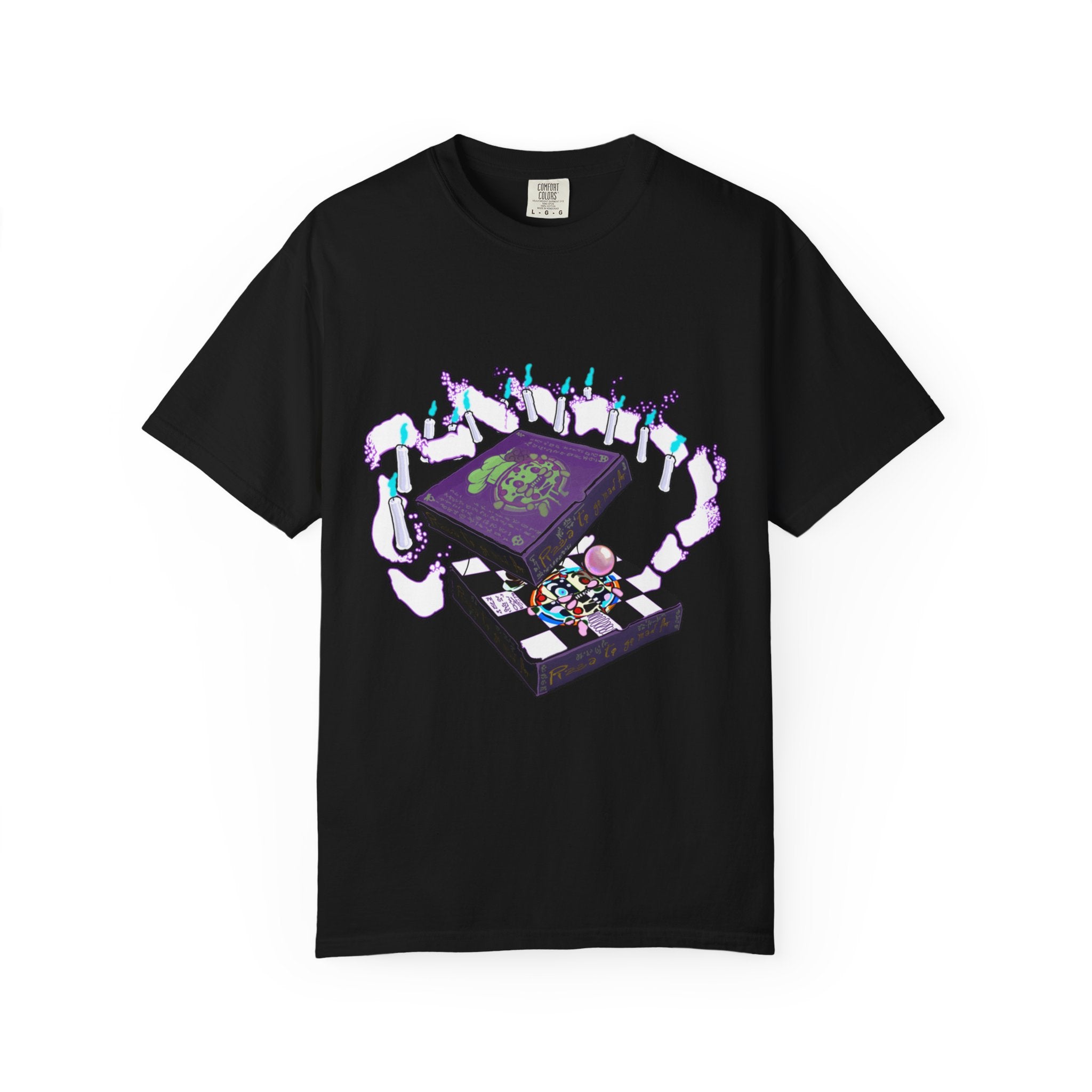 Pizzabytes Mystic Pizza T-shirt, Front, black, pizzabox, pizza delivery, pizza, mystic, undead, horror