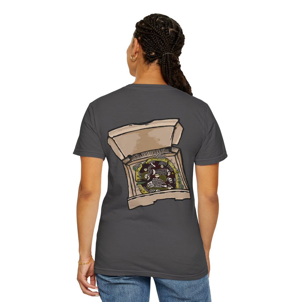 Freaky Features Fishman t-shirt, front shows grotesque fishman with orange eyes and red nose, back shows open pizza box with sewer pizza and skeletons
