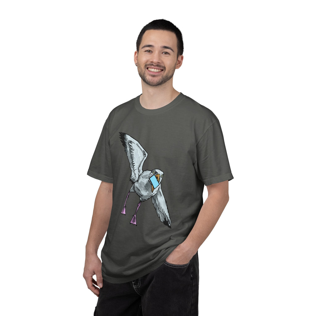 Hand-drawn pizza-stealing seagull monster t-shirt, outstretched wings and purple legs on tee from PizzaBytes collection