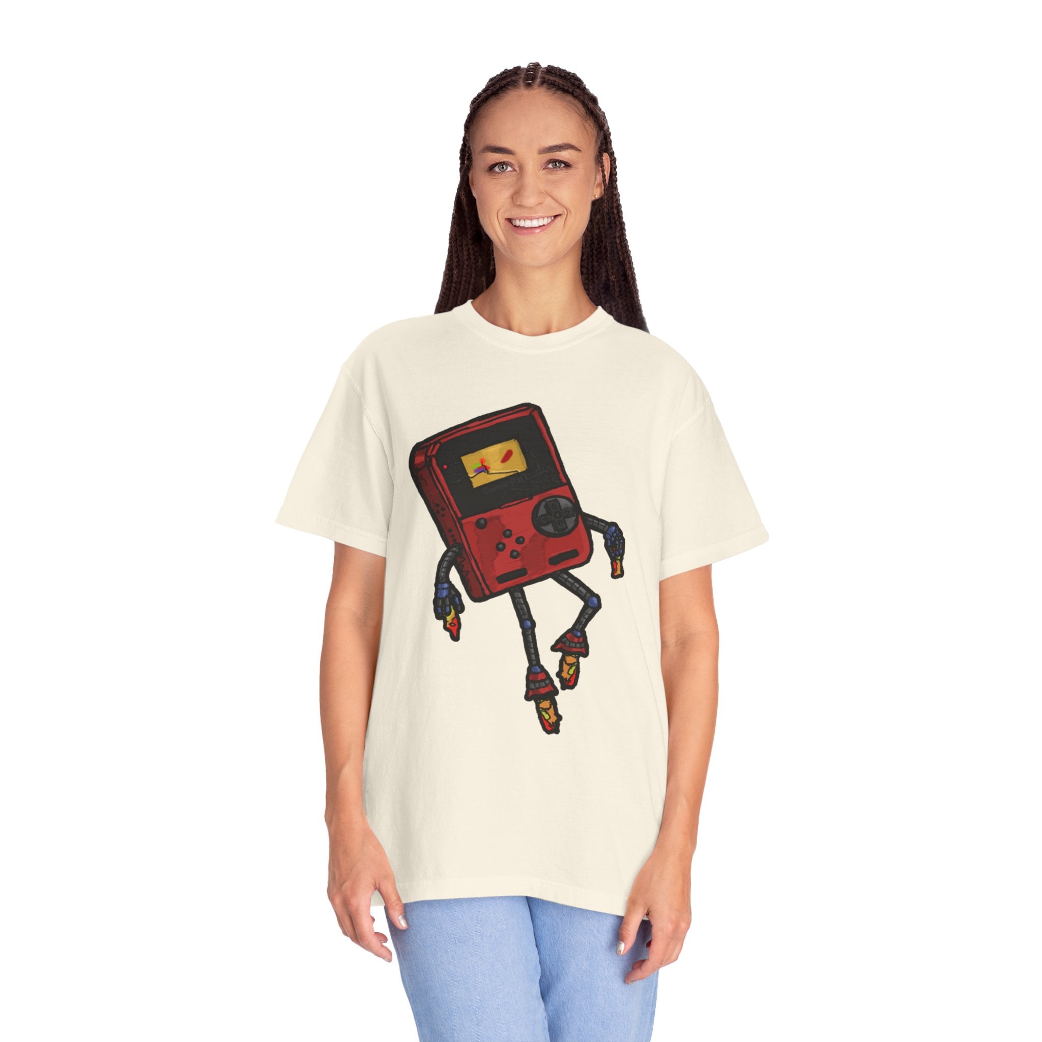 GamerPal t-shirt from Freaky Features showing a red Game Console turned into a walking pizza monster with mechanical limbs on dark gray tee

