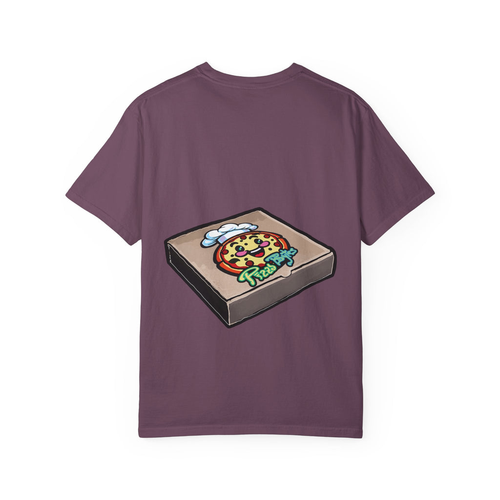 Hand-drawn spotted pizza owl monster t-shirt with melted cheese spots, pepperoni red markings and big multicolored eye tee from PizzaBytes collection