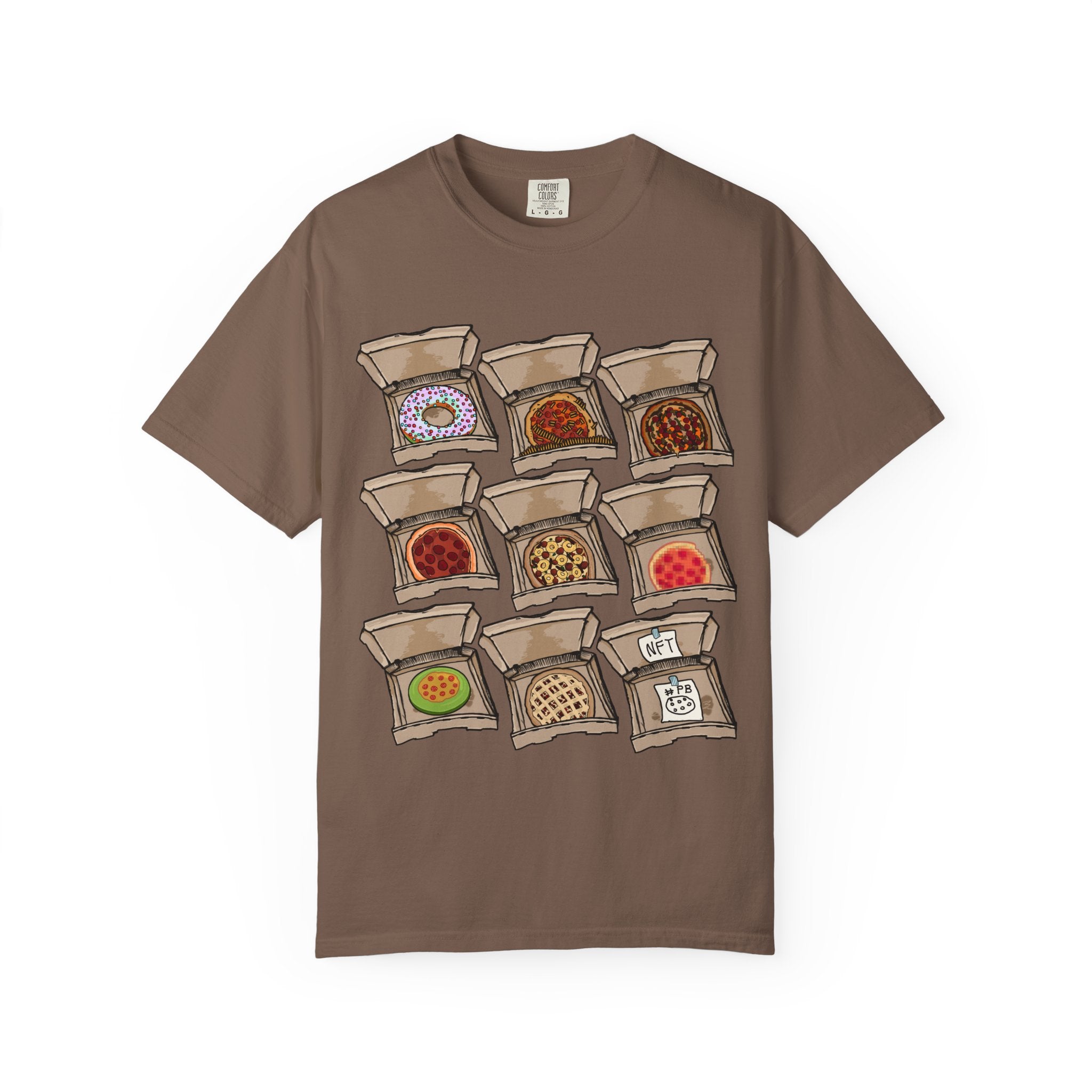 Hand-drawn PizzaBytes Set #3 t-shirt showing a 3x3 grid of open pizza boxes with various weird pizzas including rainbow donut, cherry pie and NFT from PizzaBytes collection

