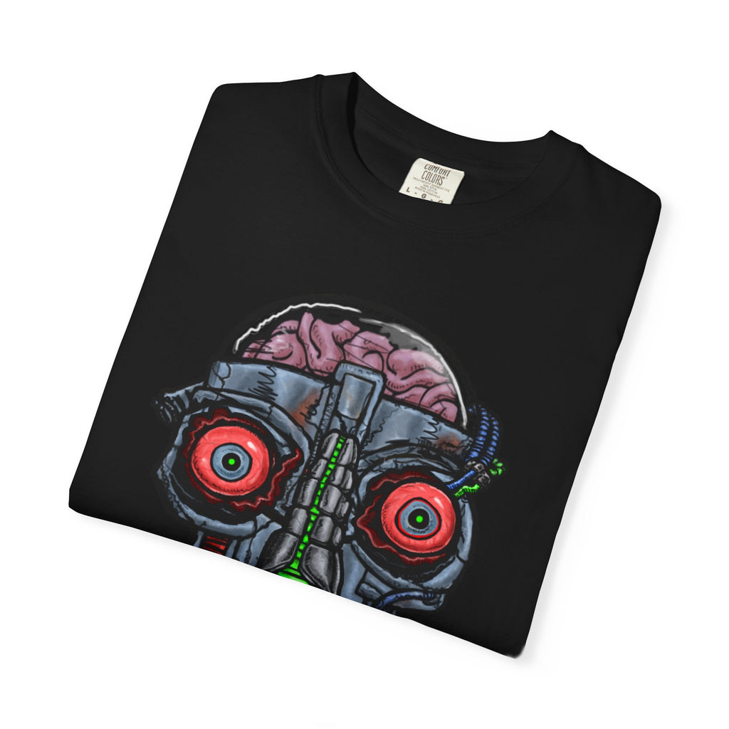Freaky Features Robo Bobo t-shirt, front shows cybernetic robot skull with exposed brain and glowing eyes, back shows open pizza box with 8-bit pixel pepperoni pizza

