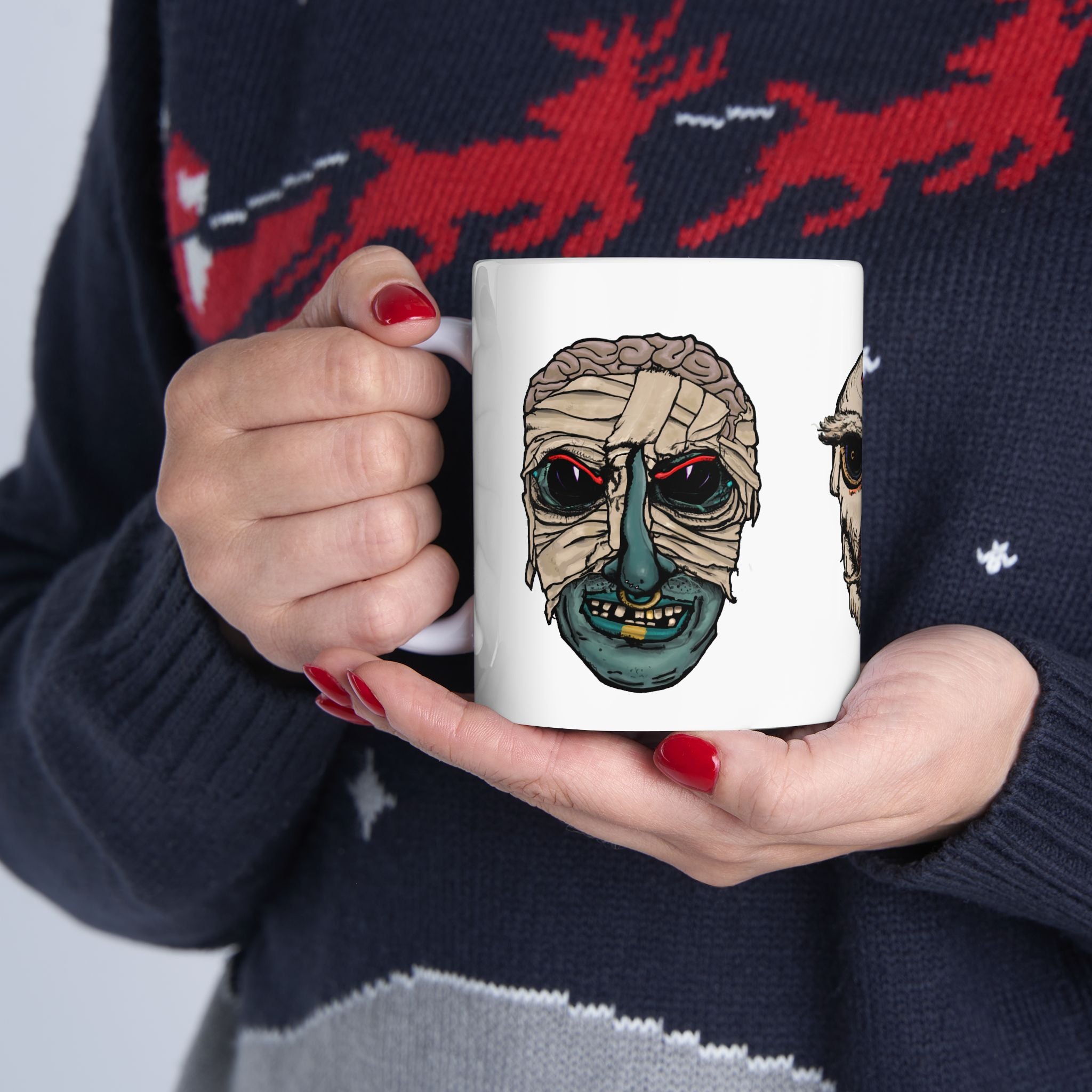 Freaky Features Mummy Chicken Mushroom mug showing three monster designs: bandaged mummy with exposed brain, paranoid rooster with sunglasses, and multi-eyed mushroom skull on white ceramic mug
