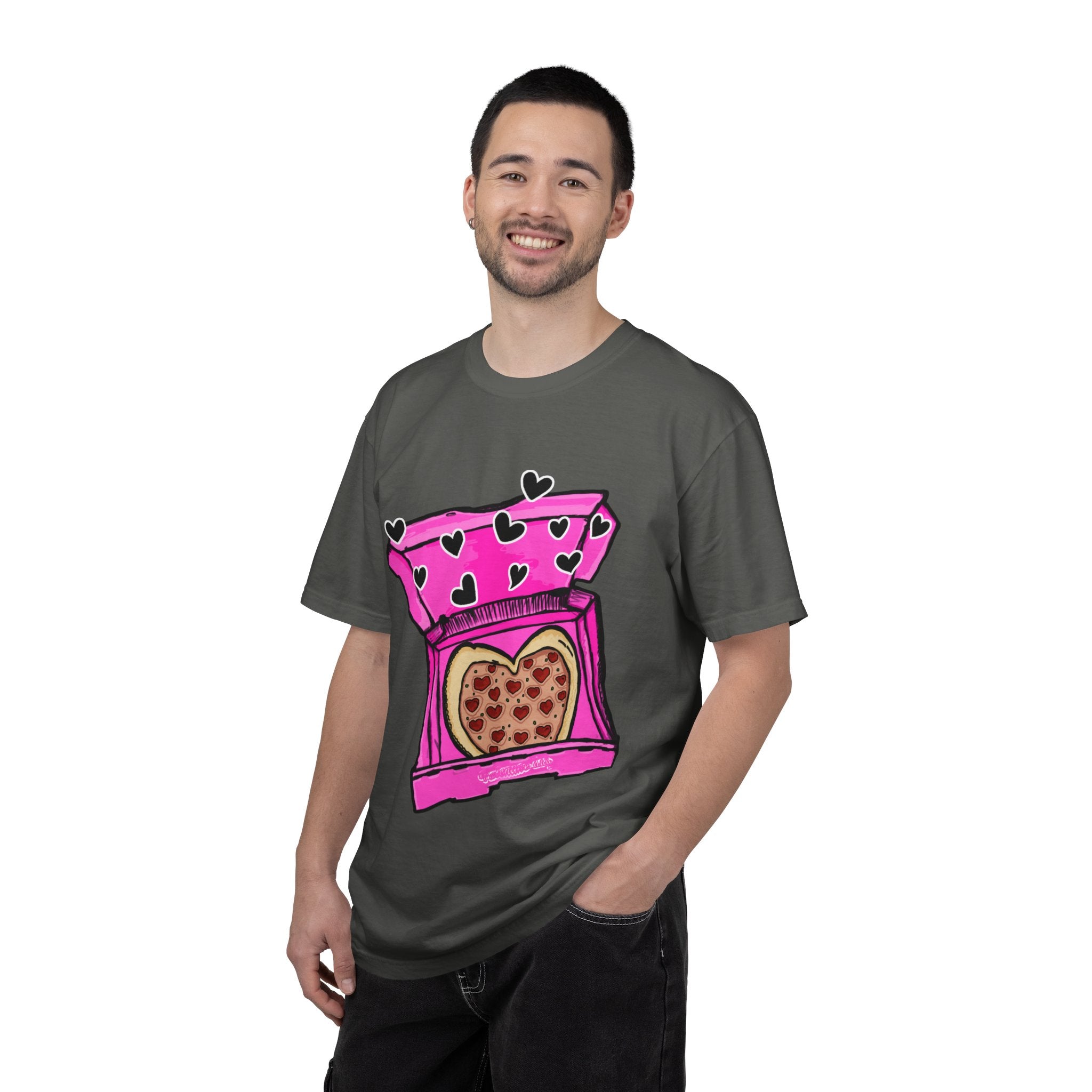 Hand-drawn heart pizza box t-shirt with pink pizza box, heart-shaped pepperoni pizza and floating black hearts on Comfort Color tee from PizzaBytes collection
