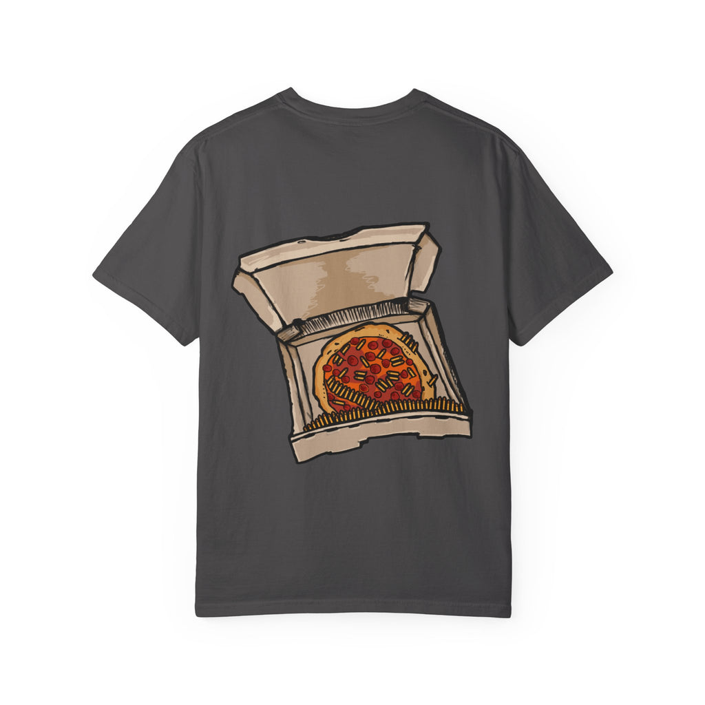 Freaky Features Flaming Skull t-shirt, front shows flaming skull with hypnotic eyes and chili nose, back shows open pizza box with loaded pepperoni pizza
