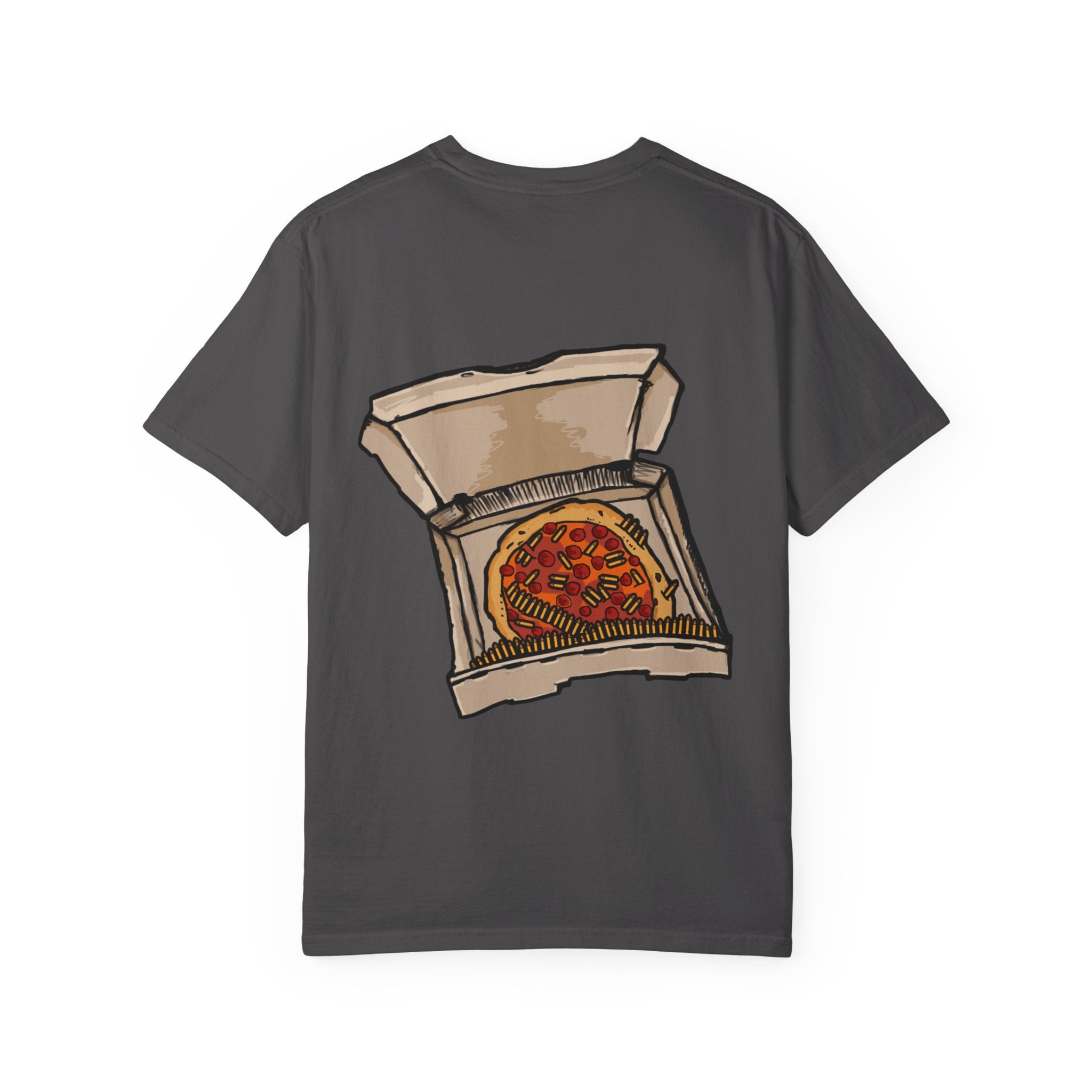 Freaky Features Flaming Skull t-shirt, front shows flaming skull with hypnotic eyes and chili nose, back shows open pizza box with loaded pepperoni pizza
