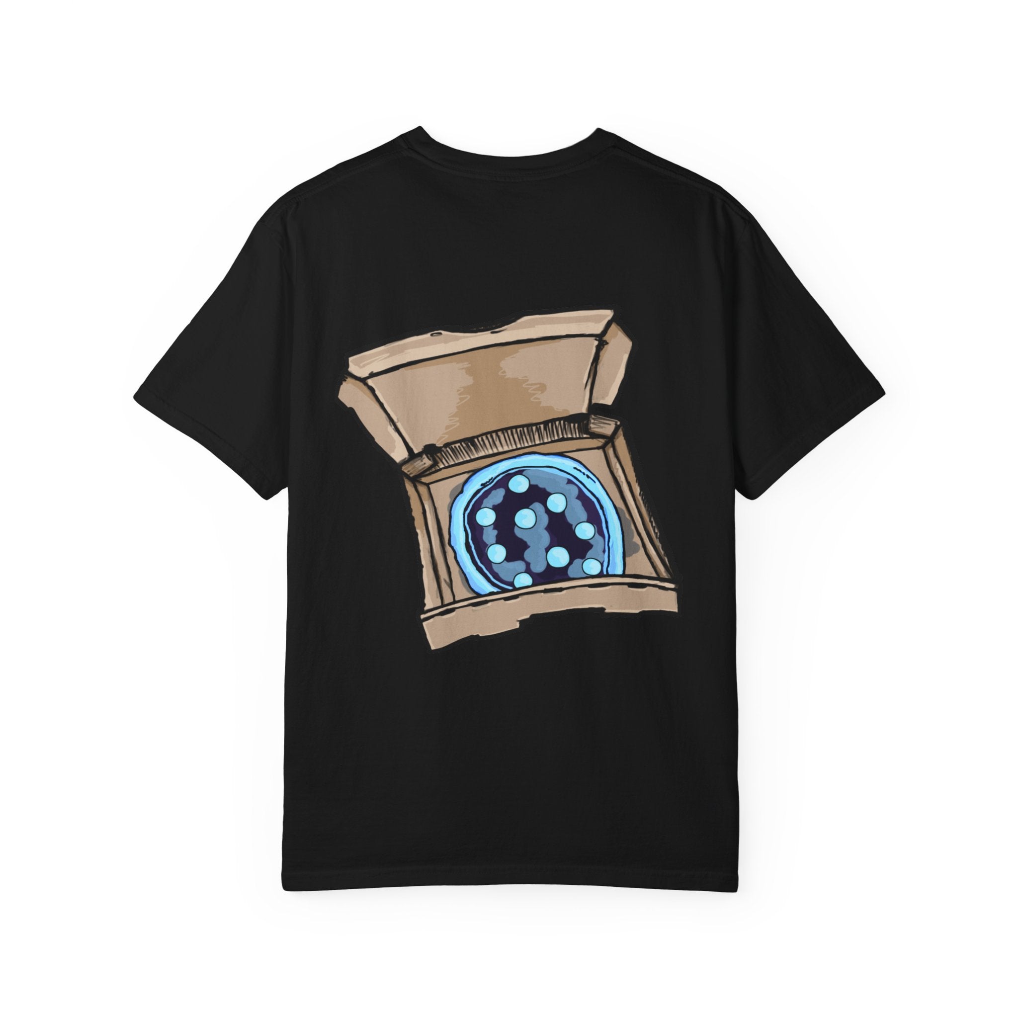 Freaky Features Iceman t-shirt, front shows frozen ice monster head with red goggles and fangs, back shows open pizza box with ice pizza inside
