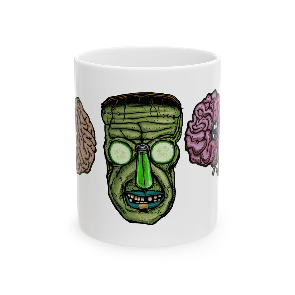 Freaky Features Frankie & the Brians mug showing three monster designs: Franky ( Frankenstein ), purple sad brain with tentacles, and floating brain with glassy eye
