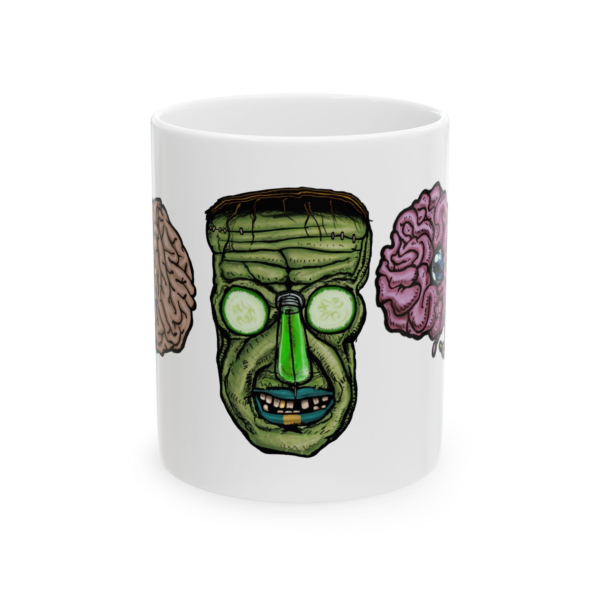 Freaky Features Frankie & the Brians mug showing three monster designs: Franky ( Frankenstein ), purple sad brain with tentacles, and floating brain with glassy eye
