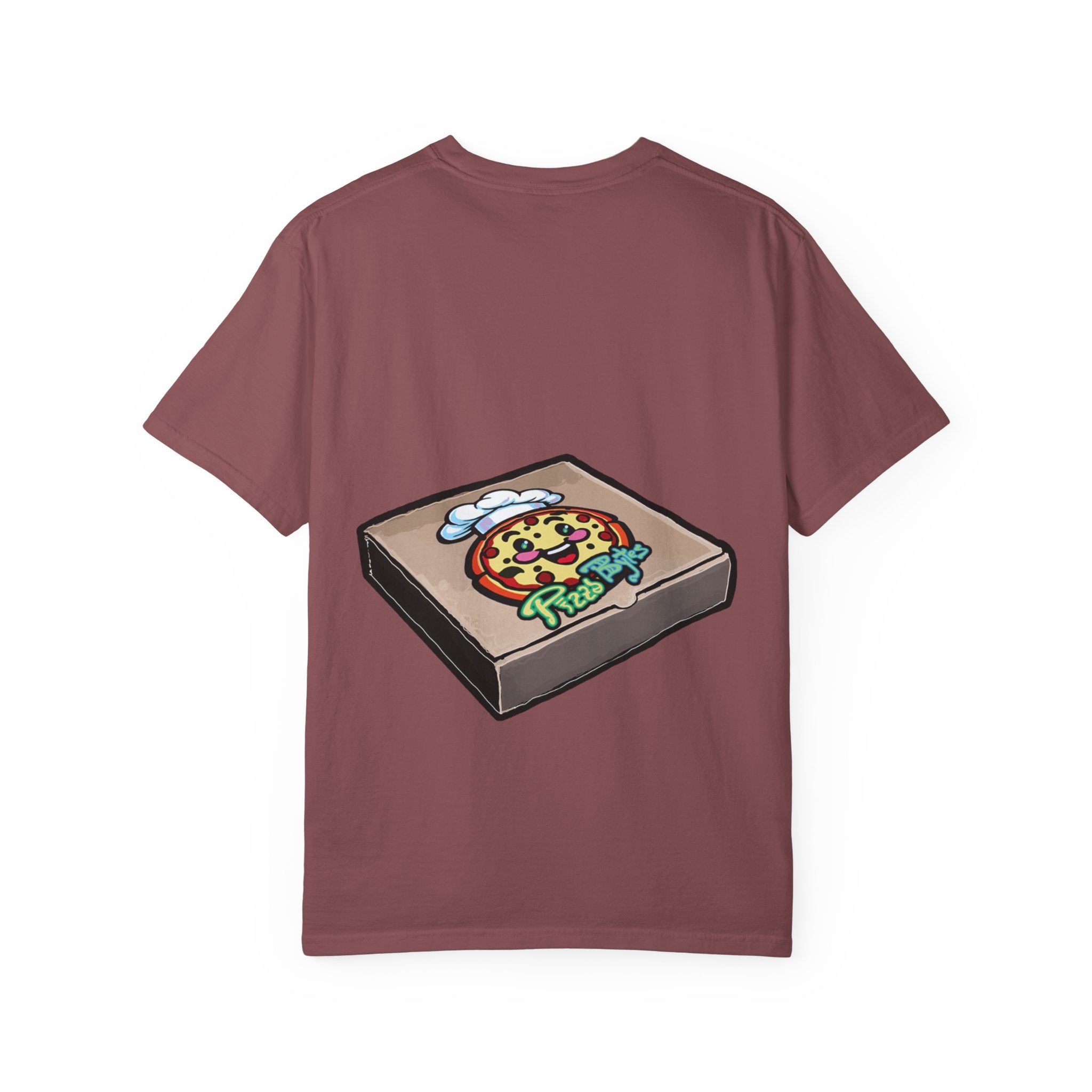 Hand-drawn bird nest pizza box t-shirt showing open pizza box with a straw nest and blue eggs from PizzaBytes collection

