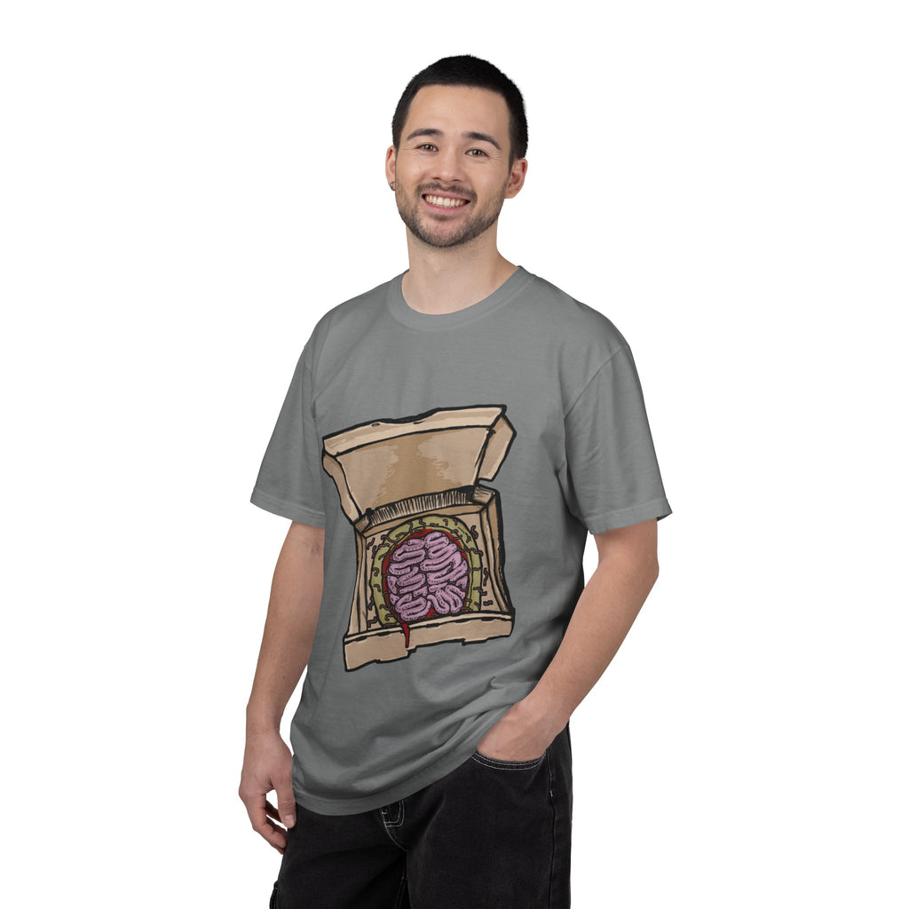 Hand-drawn brain pizza box t-shirt showing open pizza box with a detailed human brain pizza from PizzaBytes collection

