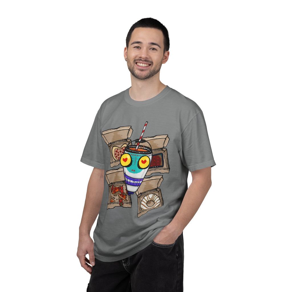 Hand-drawn PizzaBytes Set #4 t-shirt showing a cute blue soda cup monster with heart eyes in front of multiple open pizza boxes from PizzaBytes collection


