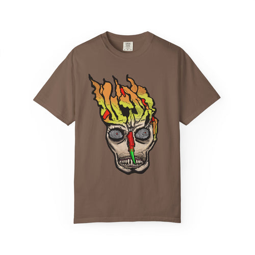 Freaky Features Flaming Skull t-shirt, front shows flaming skull with hypnotic eyes and chili nose, back shows open pizza box with loaded pepperoni pizza

