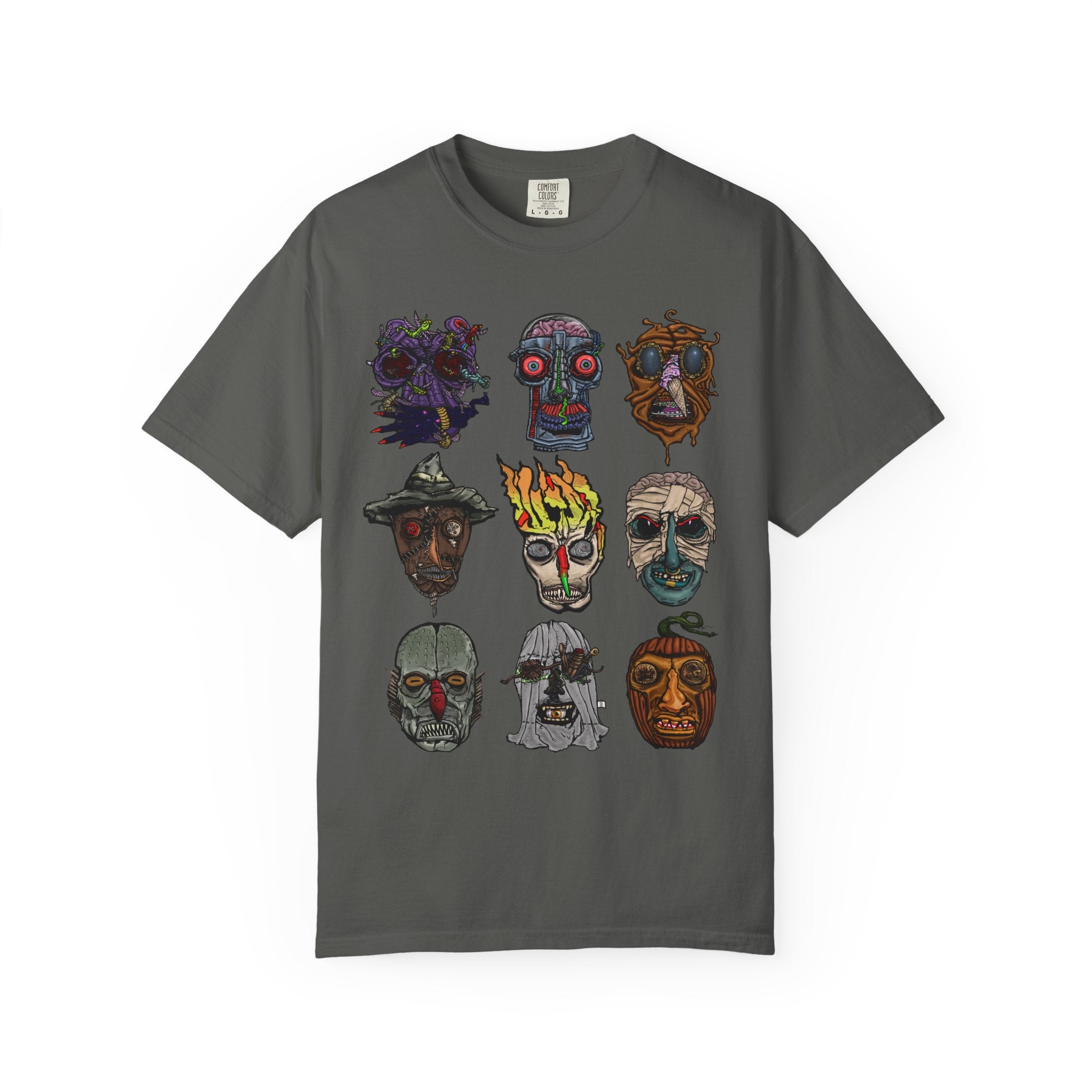 Freaky Features Collective #1 t-shirt, front and back show 3x3 grids of hand-drawn monster heads including alien, robot, melting chocolate, scarecrow, flaming skull, mummy, fishman, ghost, and pumpkinjack

