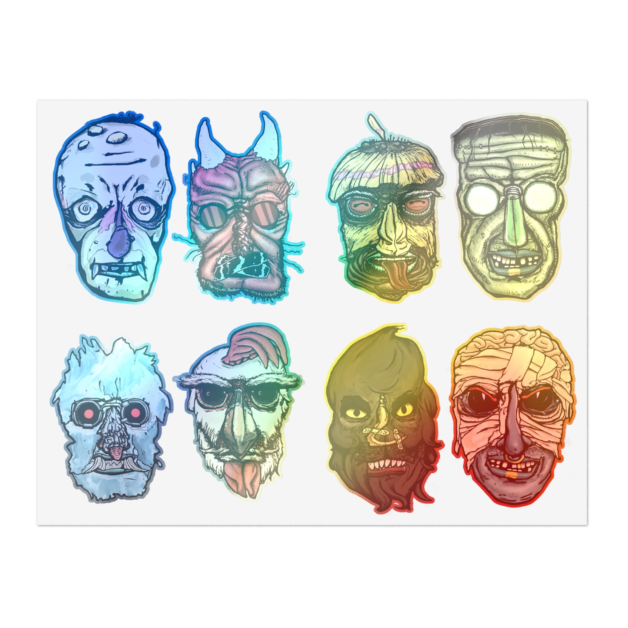 Freaky Features Sticker Sheet Set #1 , transparent die-cut sheet with 8 hand-drawn monster heads from the Freaky Features collection