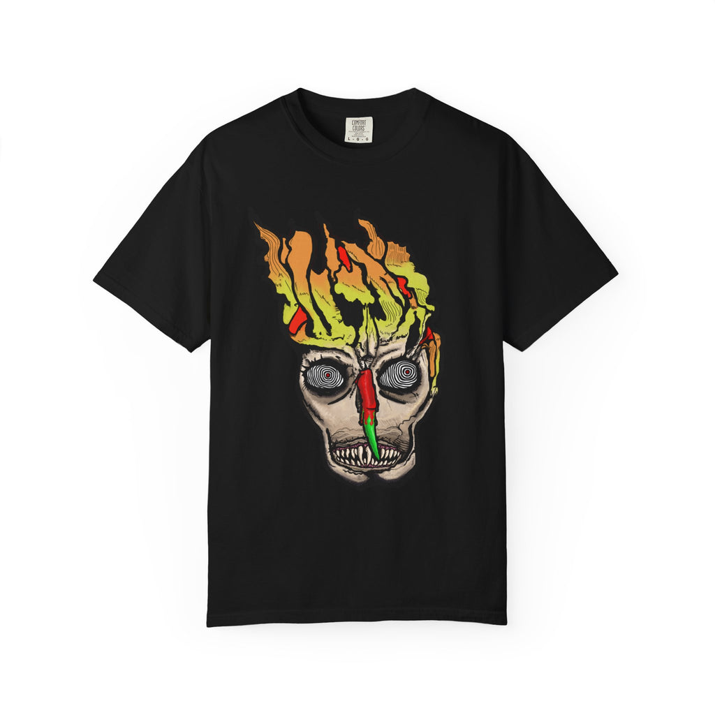 Freaky Features Flaming Skull t-shirt, front shows flaming skull with hypnotic eyes and chili nose, back shows open pizza box with loaded pepperoni pizza
