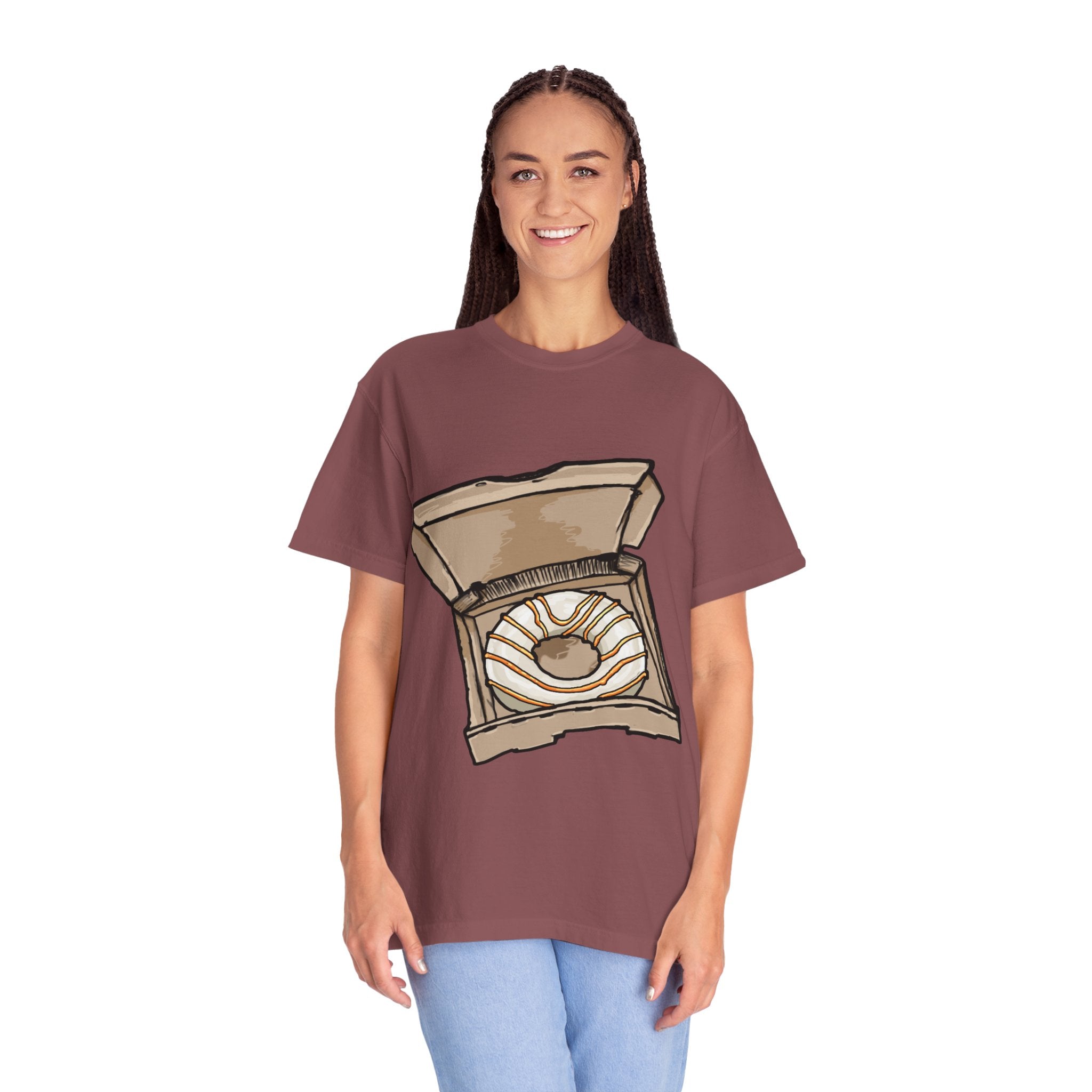 Hand-drawn donut pizza box t-shirt showing open pizza box with white-iced donut and orange drizzle from PizzaBytes collection

