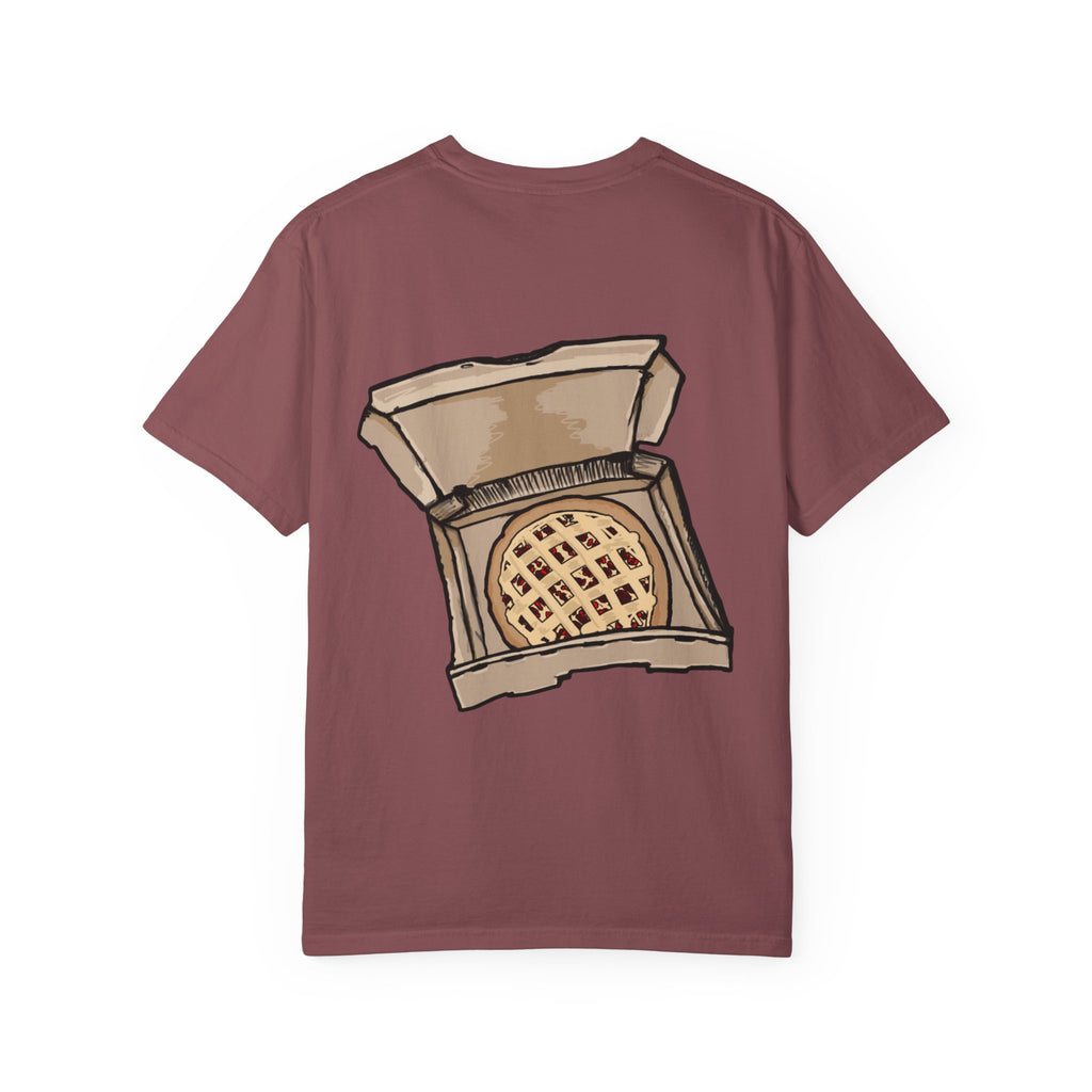 Freaky Features Scarecrow t-shirt, front shows creepy scarecrow head with witch hat and mismatched eyes, back shows open pizza box with lattice cherry pie
