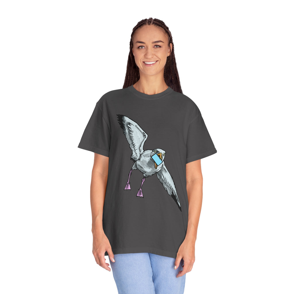 Hand-drawn pizza-stealing seagull monster t-shirt, outstretched wings and purple legs on tee from PizzaBytes collection