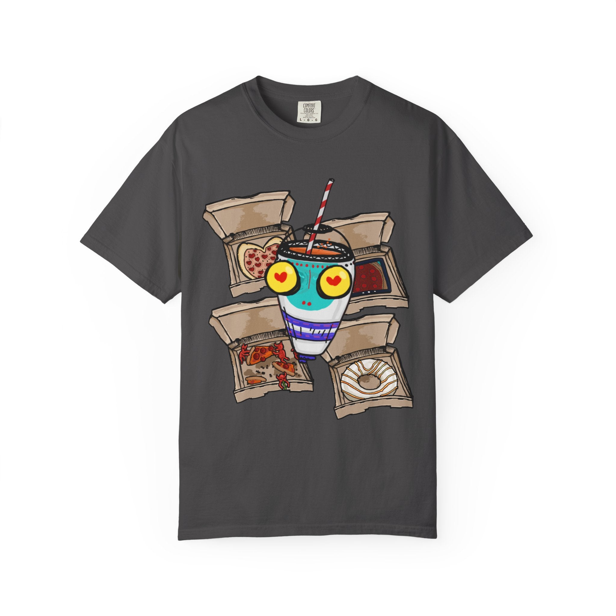 Hand-drawn PizzaBytes Set #4 t-shirt showing a cute blue soda cup monster with heart eyes in front of multiple open pizza boxes from PizzaBytes collection

