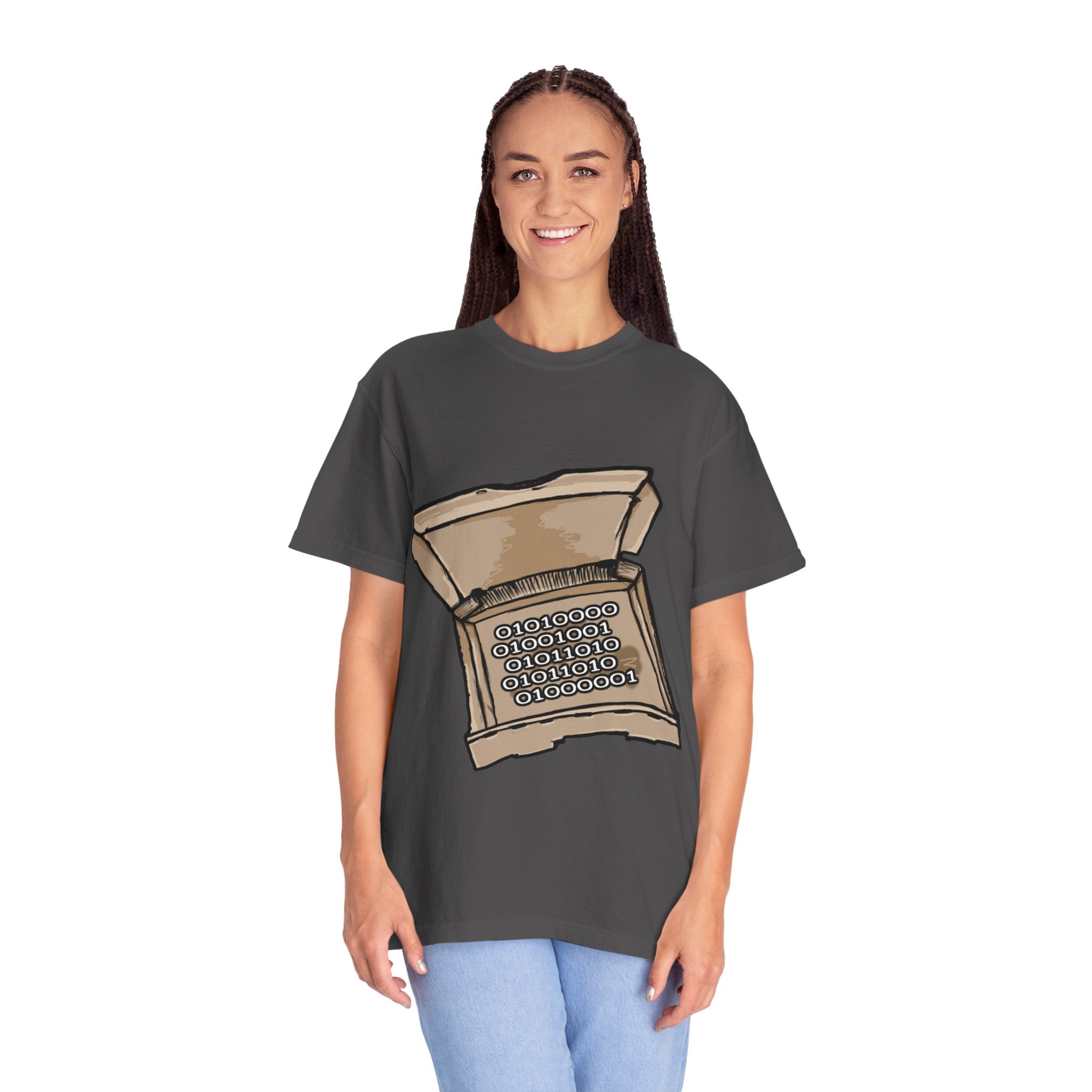 Hand-drawn binary pizza box t-shirt showing open pizza box filled with binary code 010101 from PizzaBytes collection

