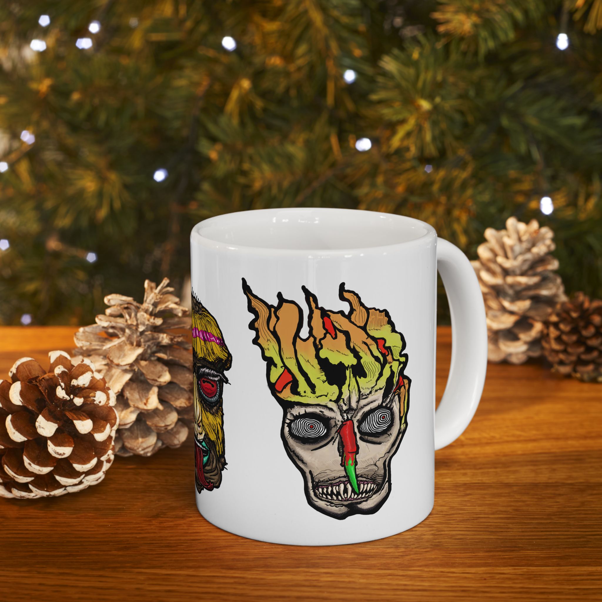 Freaky Features Ghost HorrorBird Flaming Skull mug showing three monster designs: creepy ghost with weapons, horror rooster, and flaming skull with chili nose on white ceramic mug