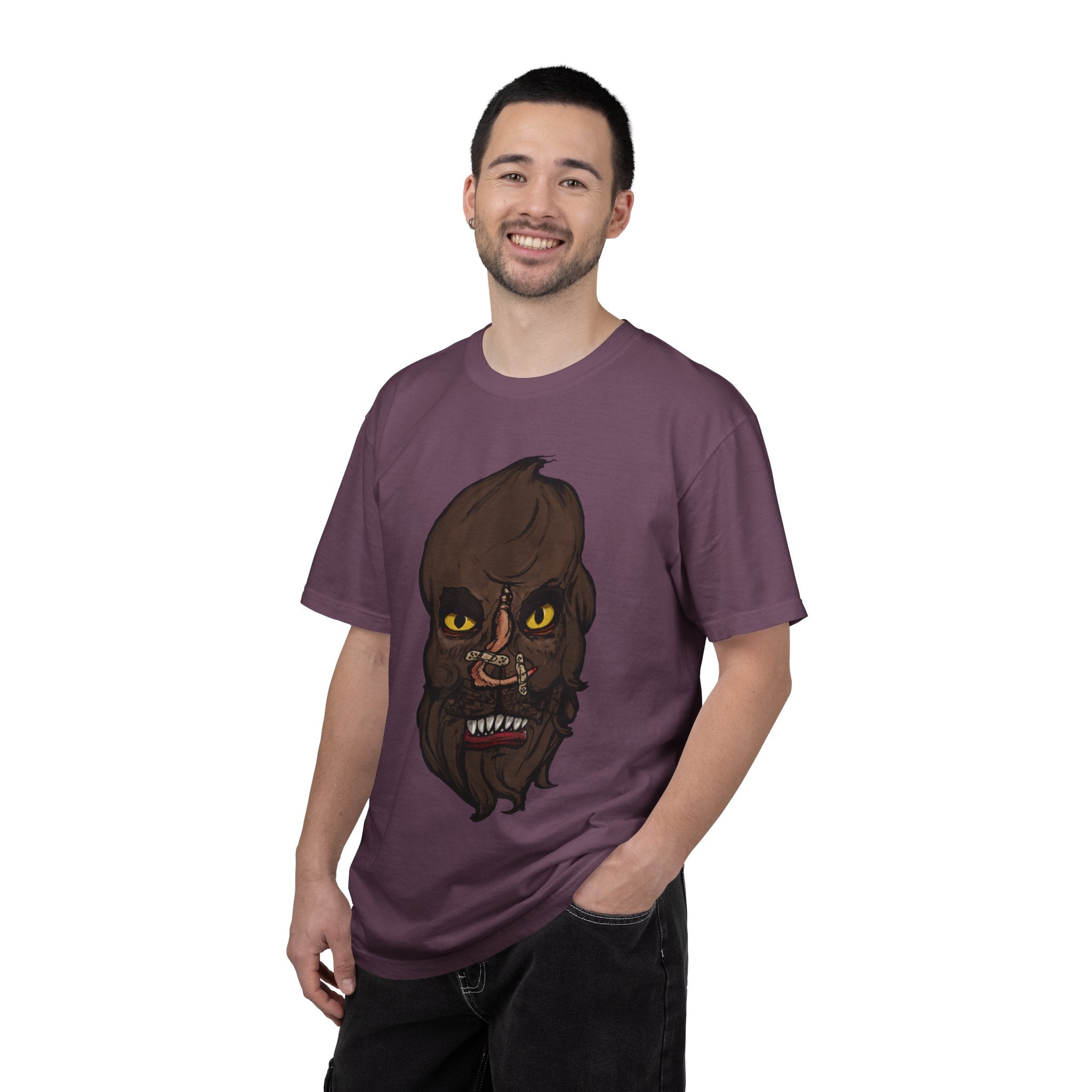 Freaky Features Werewolf t-shirt, front shows werewolf head with glowing yellow eyes and bandaged nose, back shows open pizza box with pepperoni pizza topped with mini cheeseburgers
