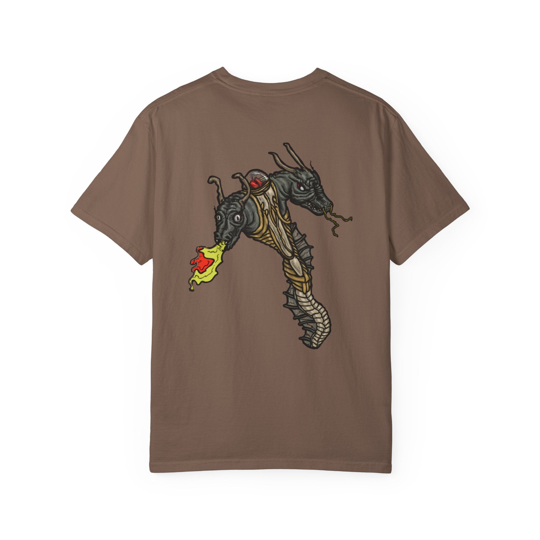 Hand-drawn Item Selection #1 t-shirt from Freaky Features showing a collection of monster weapons: broom, bat staff, skeletal scythe, shark dagger, ice cream cone and war hammer on dark gray tee
