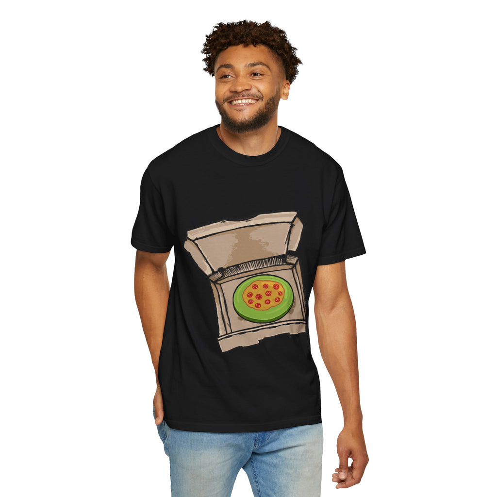 Hand-drawn frisbee pizza box t-shirt showing open pizza box with green frisbee pepperoni pizza from PizzaBytes collection


