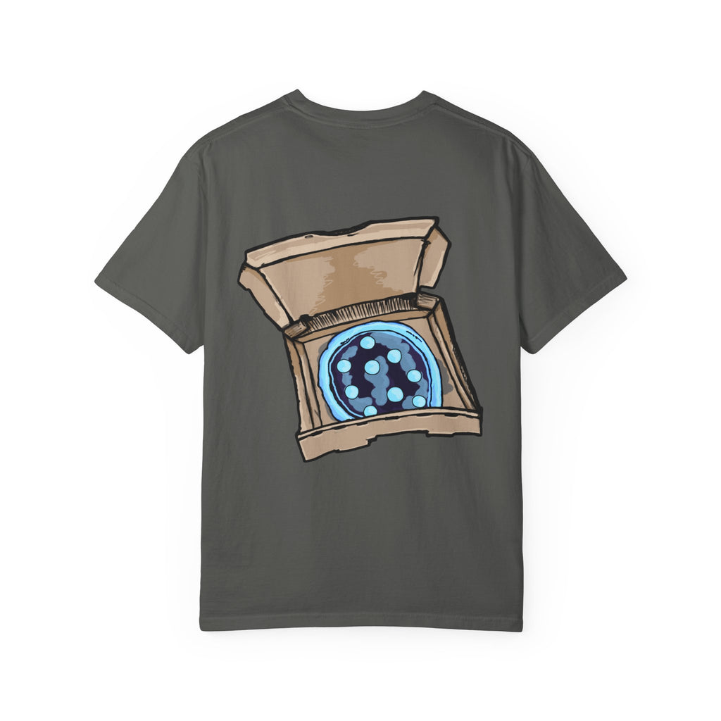 Freaky Features Iceman t-shirt, front shows frozen ice monster head with red goggles and fangs, back shows open pizza box with ice pizza inside
