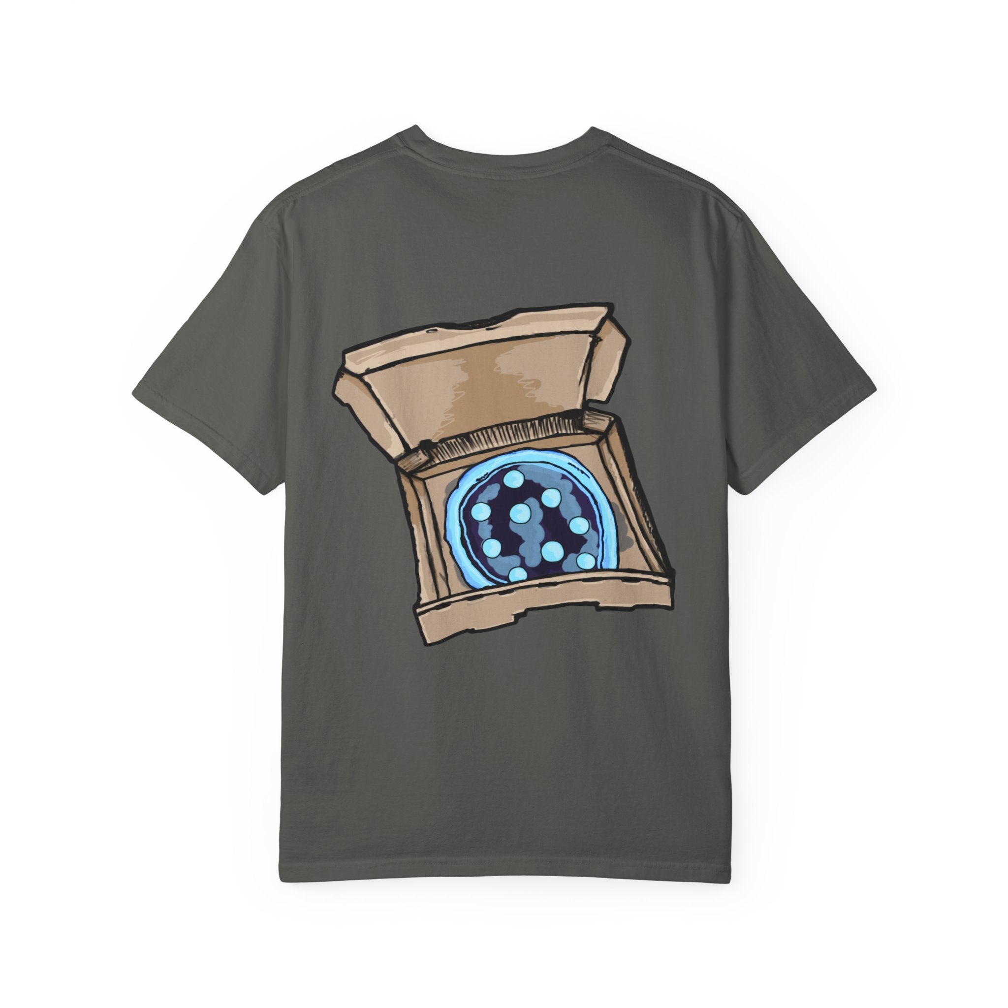 Freaky Features Iceman t-shirt, front shows frozen ice monster head with red goggles and fangs, back shows open pizza box with ice pizza inside
