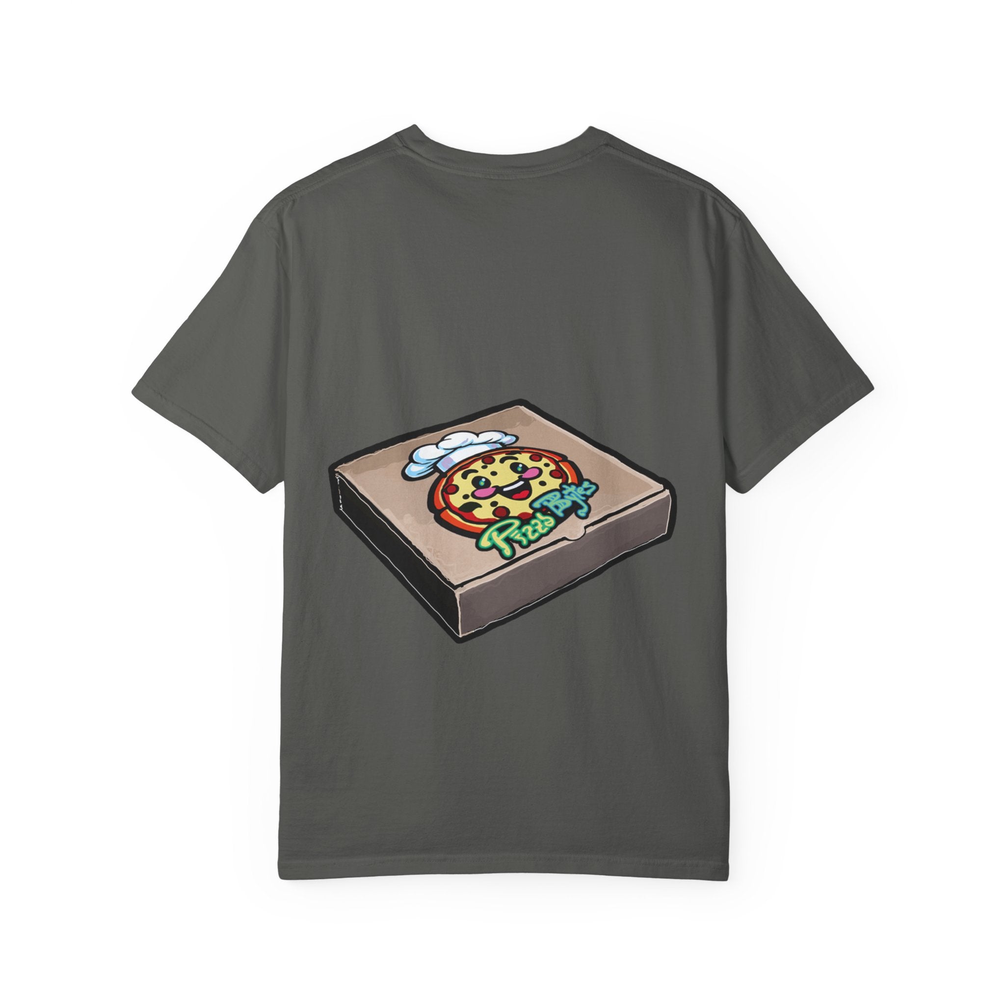 Hand-drawn brain pizza box t-shirt showing open pizza box with a detailed human brain pizza from PizzaBytes collection


