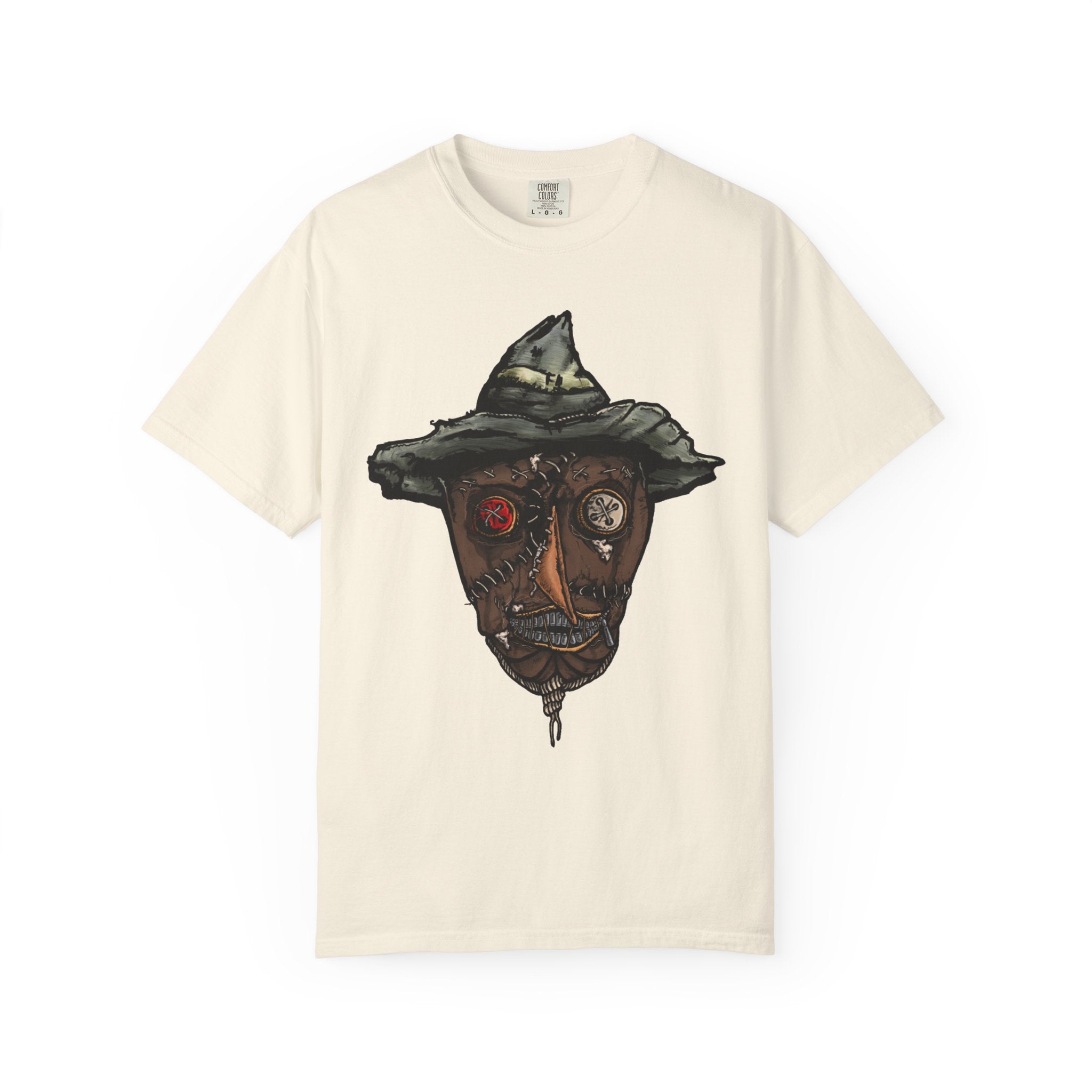 Freaky Features Scarecrow t-shirt, front shows creepy scarecrow head with witch hat and mismatched eyes, back shows open pizza box with lattice cherry pie
