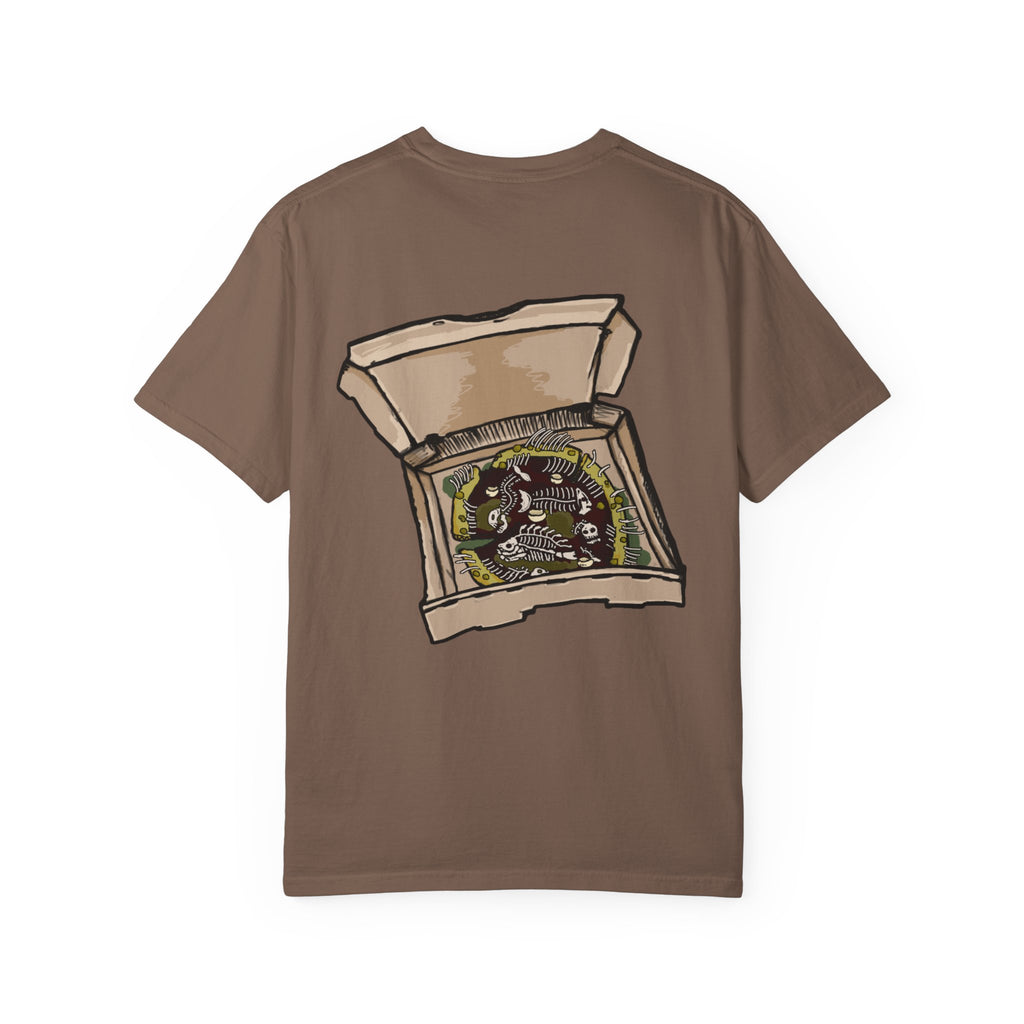 Freaky Features Fishman t-shirt, front shows grotesque fishman with orange eyes and red nose, back shows open pizza box with sewer pizza and skeletons
