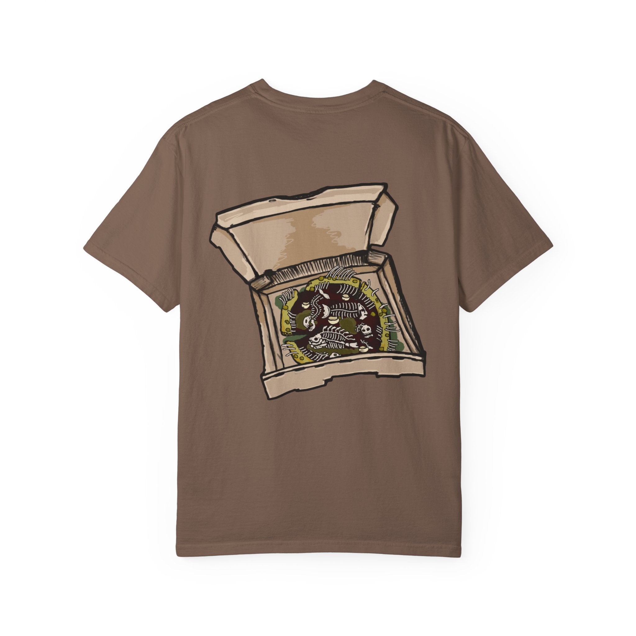 Freaky Features Fishman t-shirt, front shows grotesque fishman with orange eyes and red nose, back shows open pizza box with sewer pizza and skeletons
