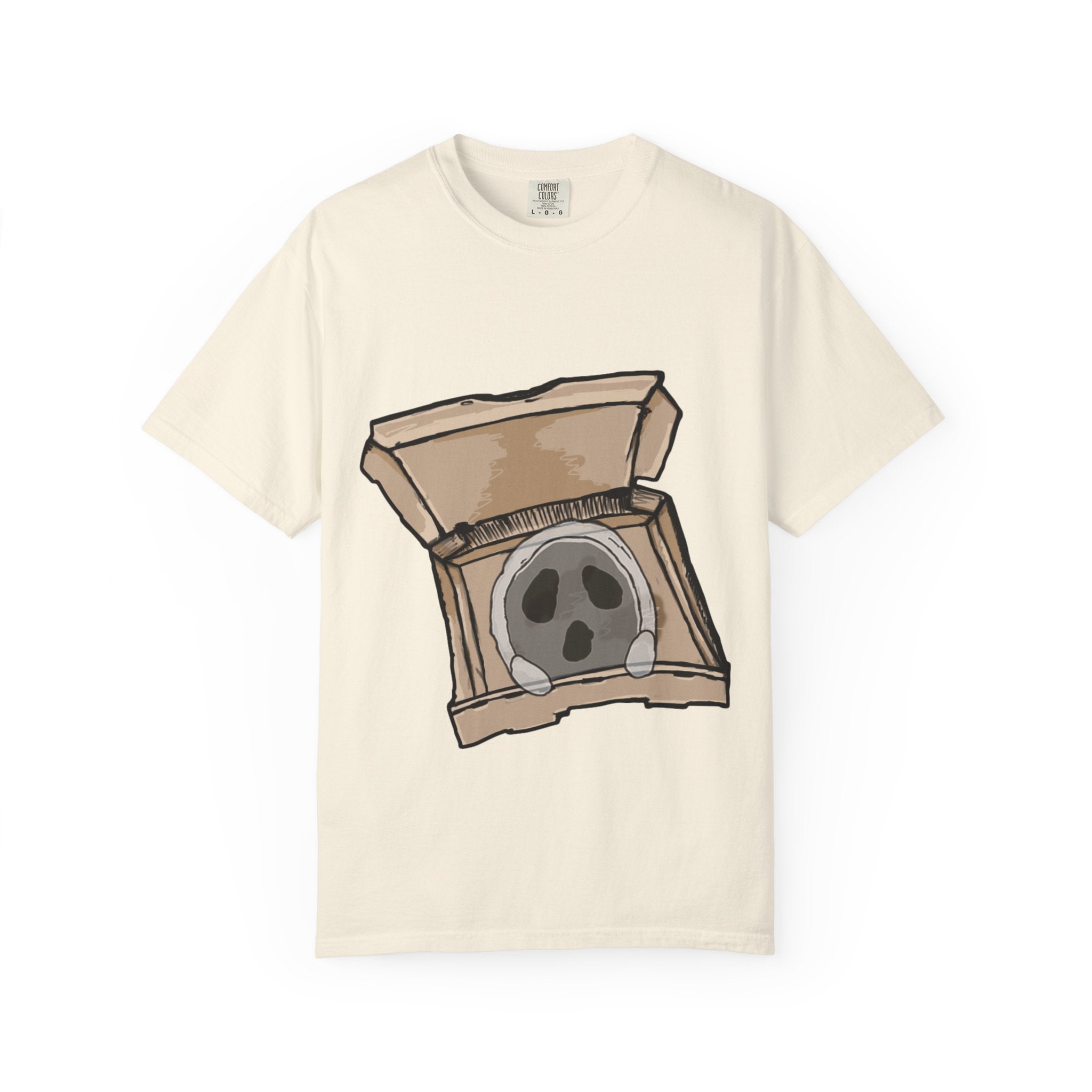 Hand-drawn ghost pizza box t-shirt showing open pizza box with a spooky ghost inside from PizzaBytes collection

