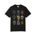 Freaky Features Collective #1 t-shirt, front and back show 3x3 grids of hand-drawn monster heads including alien, robot, melting chocolate, scarecrow, flaming skull, mummy, fishman, ghost, and pumpkinjack

