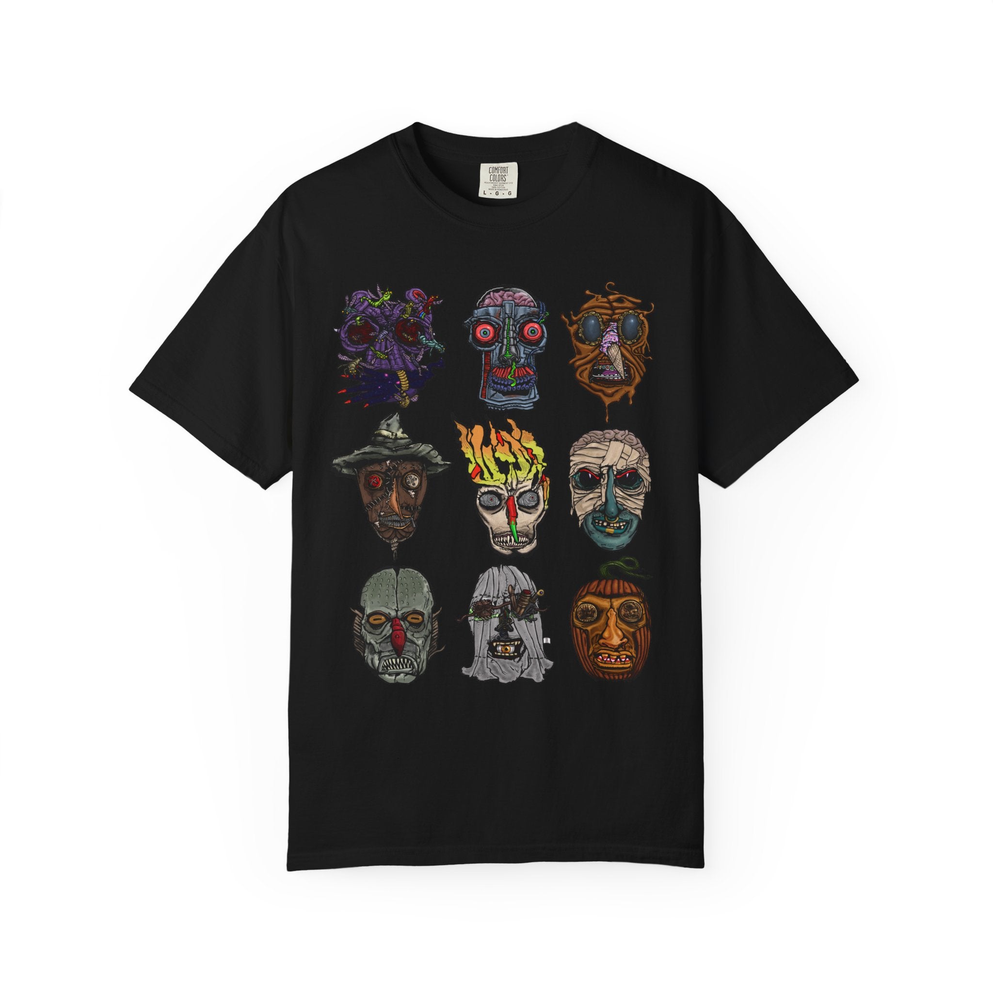 Freaky Features Collective #1 t-shirt, front and back show 3x3 grids of hand-drawn monster heads including alien, robot, melting chocolate, scarecrow, flaming skull, mummy, fishman, ghost, and pumpkinjack

