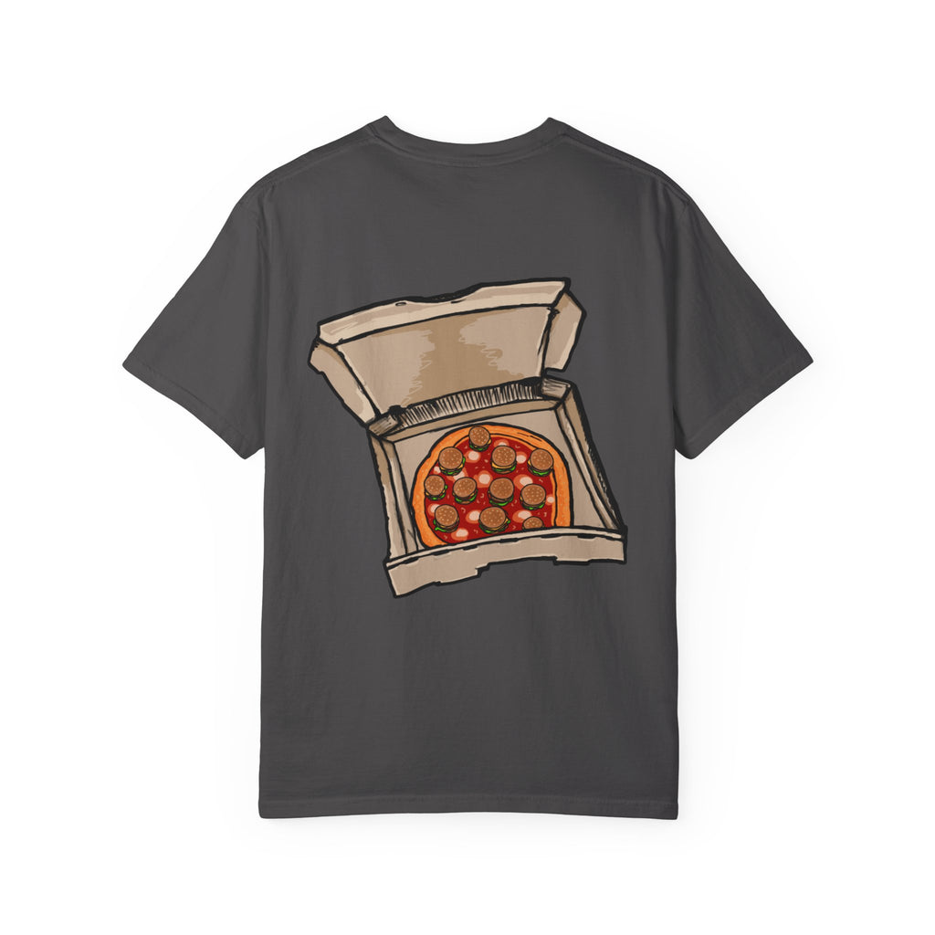 Freaky Features Werewolf t-shirt, front shows werewolf head with glowing yellow eyes and bandaged nose, back shows open pizza box with pepperoni pizza topped with mini cheeseburgers
