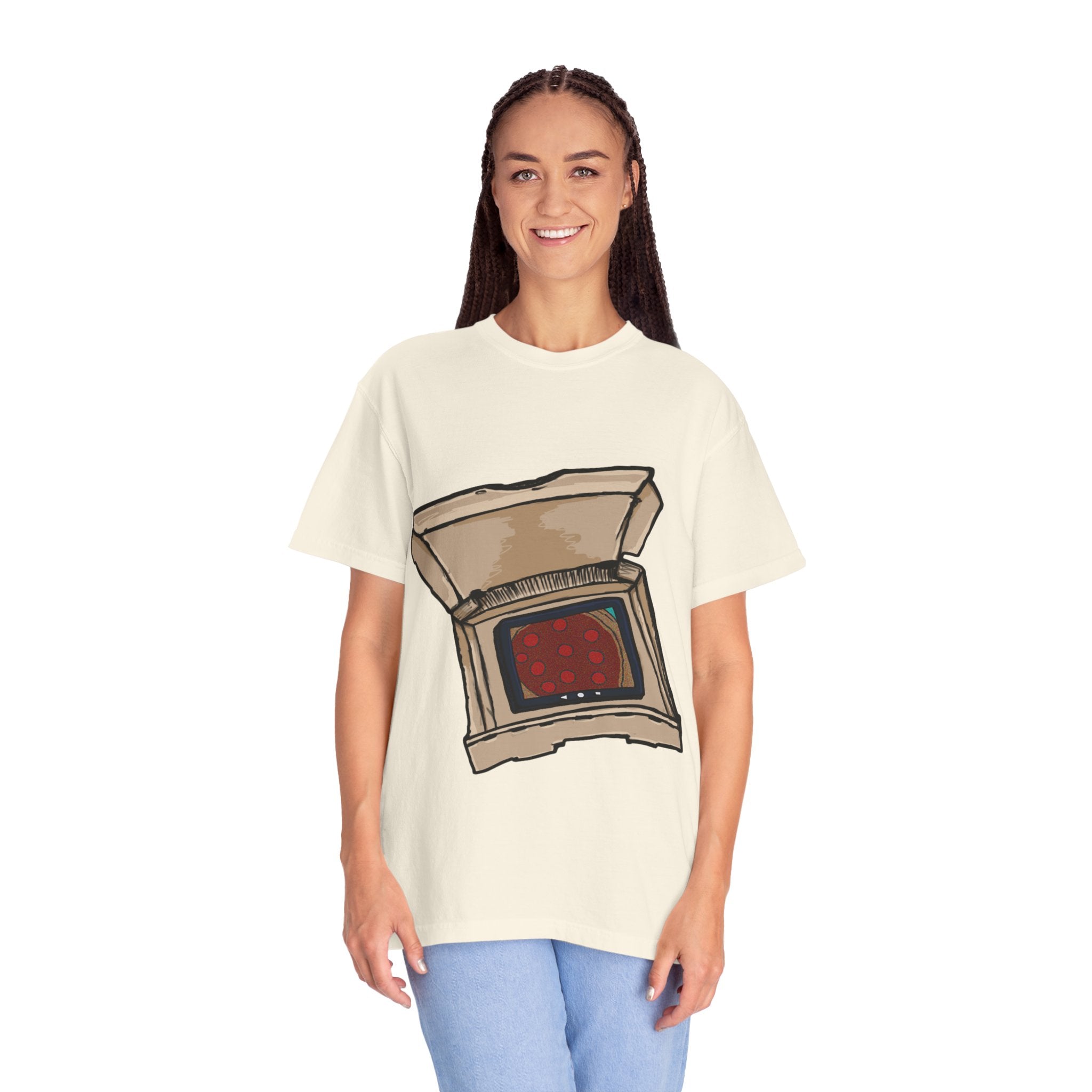 Hand-drawn TV pizza box t-shirt showing open pizza box turned into a retro television with pepperoni pizza on the screen from PizzaBytes collection

