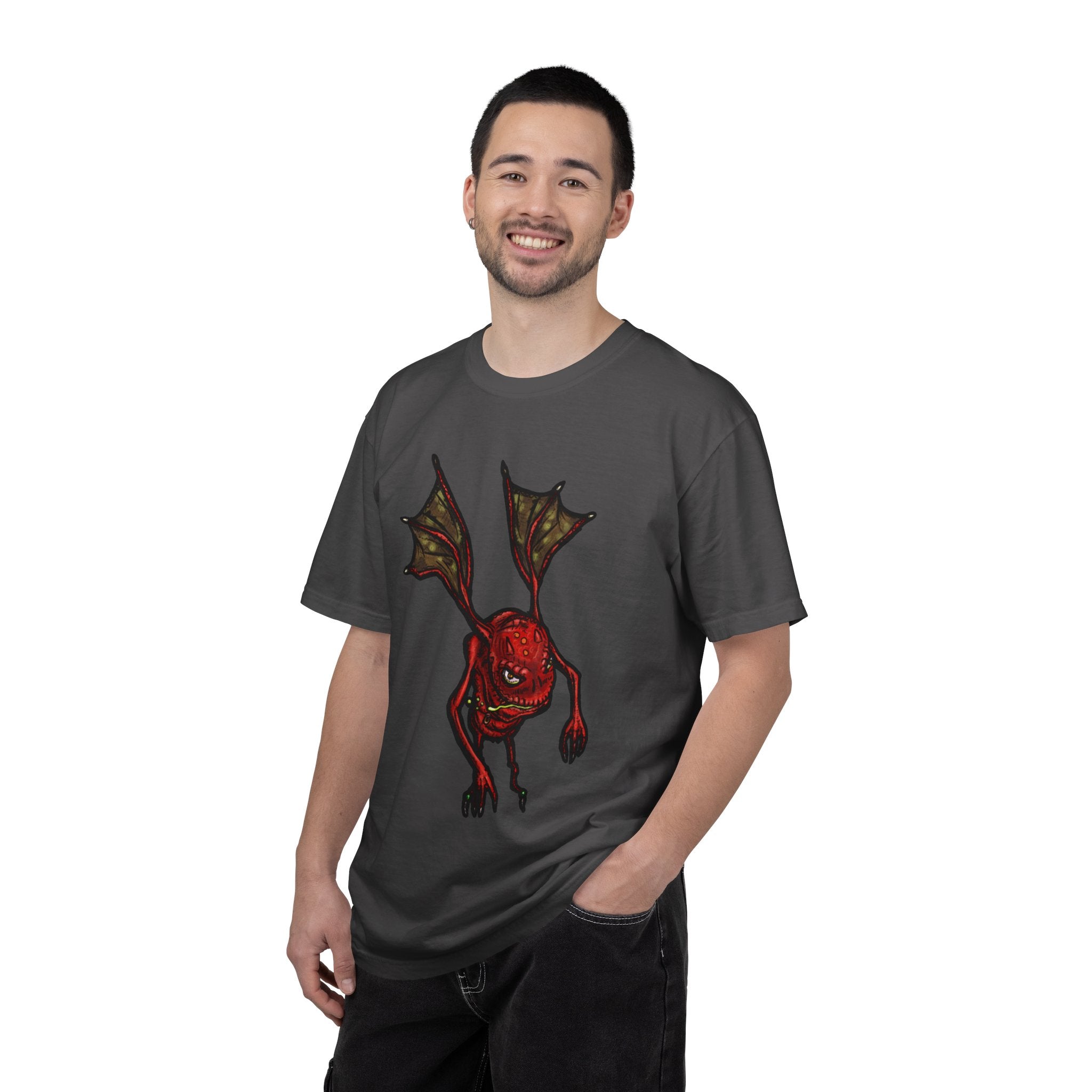 Freaky Features Fire Imp t-shirt, front shows a red bat-winged fire imp, back shows a monster-headed pizza box being raided by little red devils 
