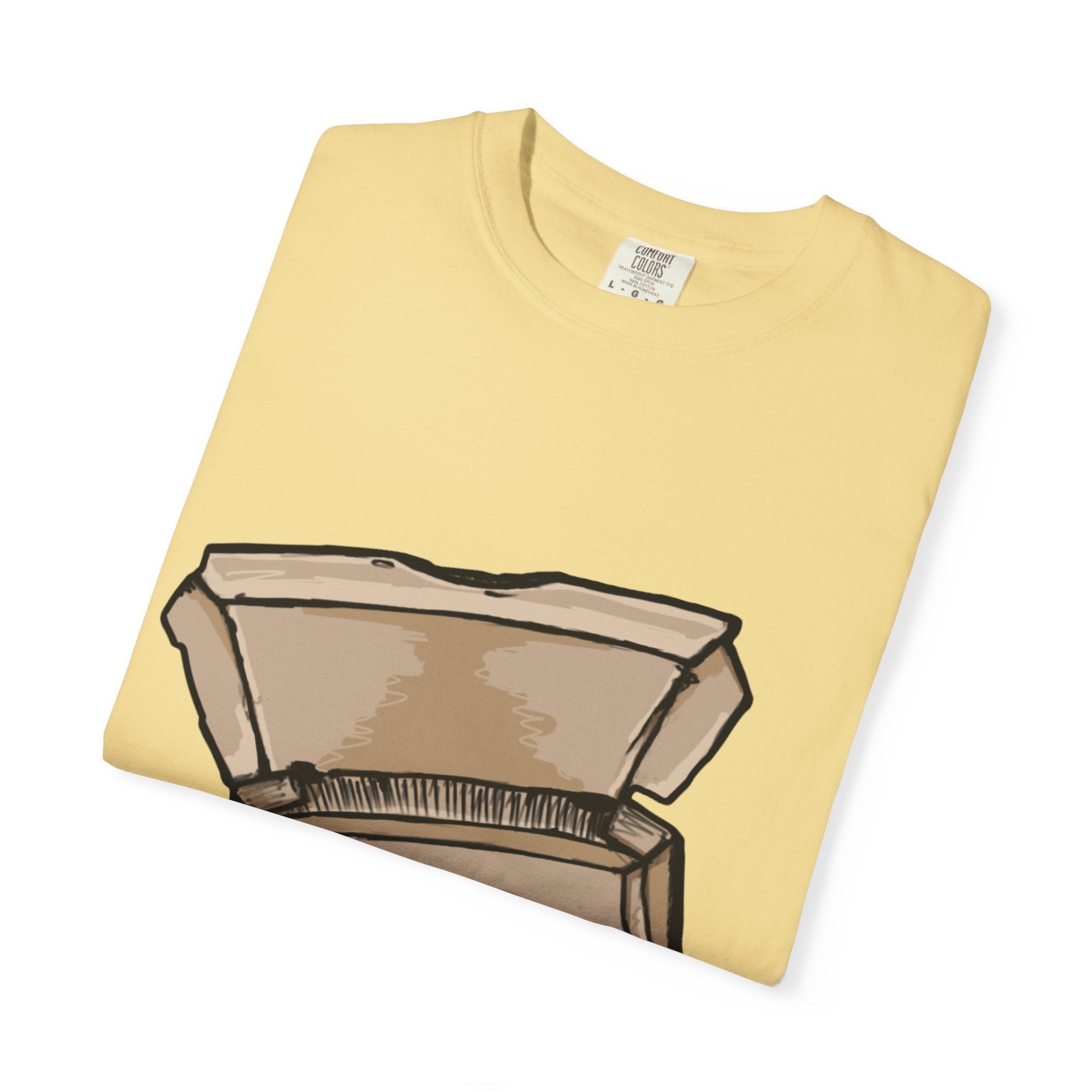 Hand-drawn empty pizza box t-shirt showing open box with grease stains on Comfort tee from PizzaBytes collection
