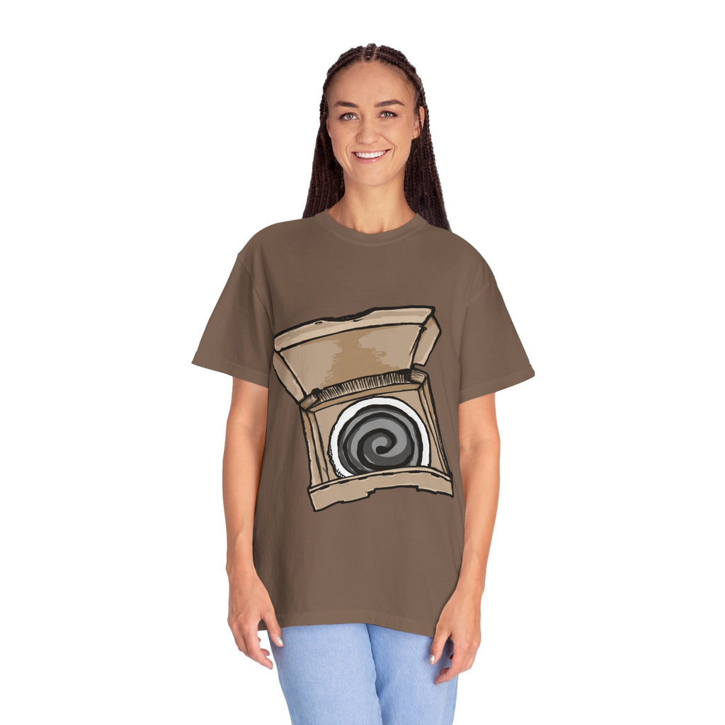 Hand-drawn swirl hypno pizza box t-shirt showing open pizza box with hypnotic spiral pattern from PizzaBytes collection
