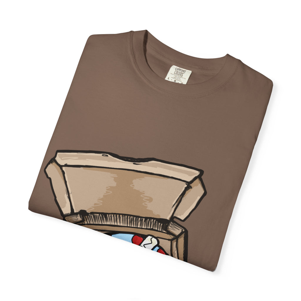 Hand-drawn gift pizza box t-shirt showing open pizza box with blue polka-dotted wrapped gift and red bow on Comfort tee from PizzaBytes collection
