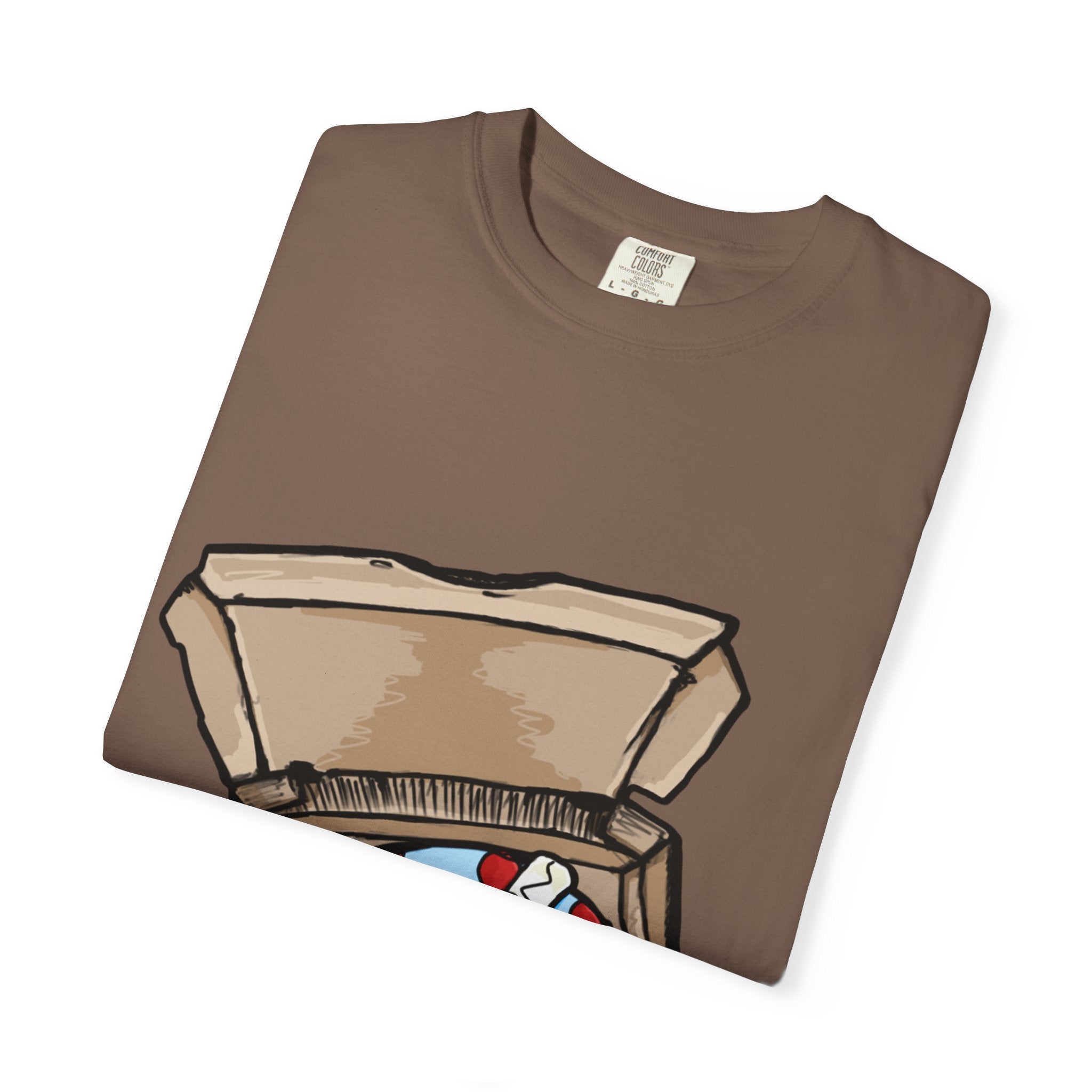 Hand-drawn gift pizza box t-shirt showing open pizza box with blue polka-dotted wrapped gift and red bow on Comfort tee from PizzaBytes collection
