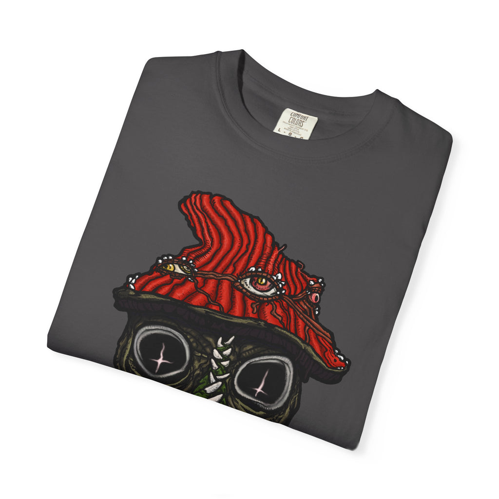 Freaky Features Mushroom Boy t-shirt, front shows grotesque mushroom skull with red cap and multiple eyes, back shows open pizza box with rainbow sprinkle donut
