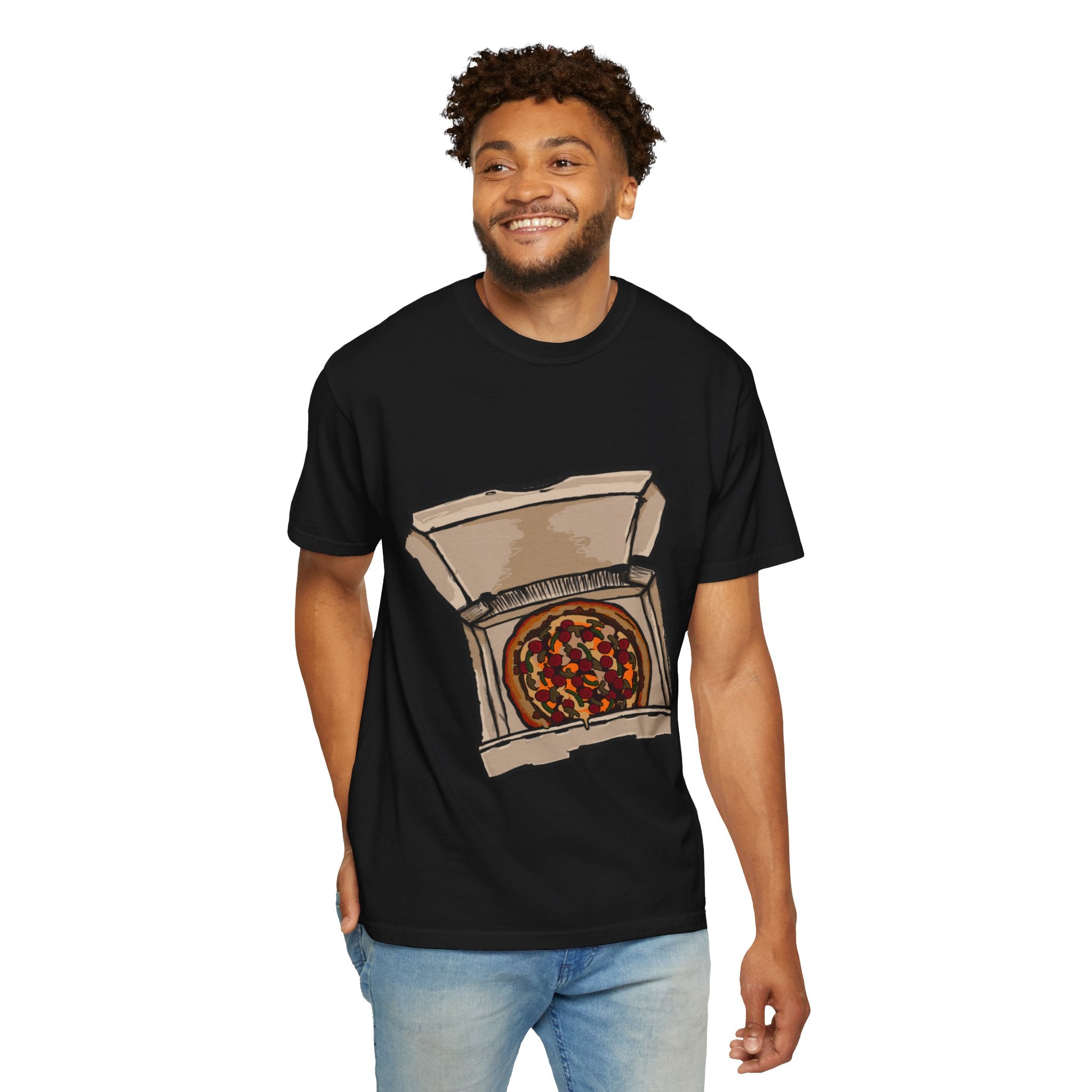Hand-drawn pepperoni green pepper mushroom pizza box t-shirt showing open pizza box with pepperoni, green pepper and mushroom pizza from PizzaBytes collection

